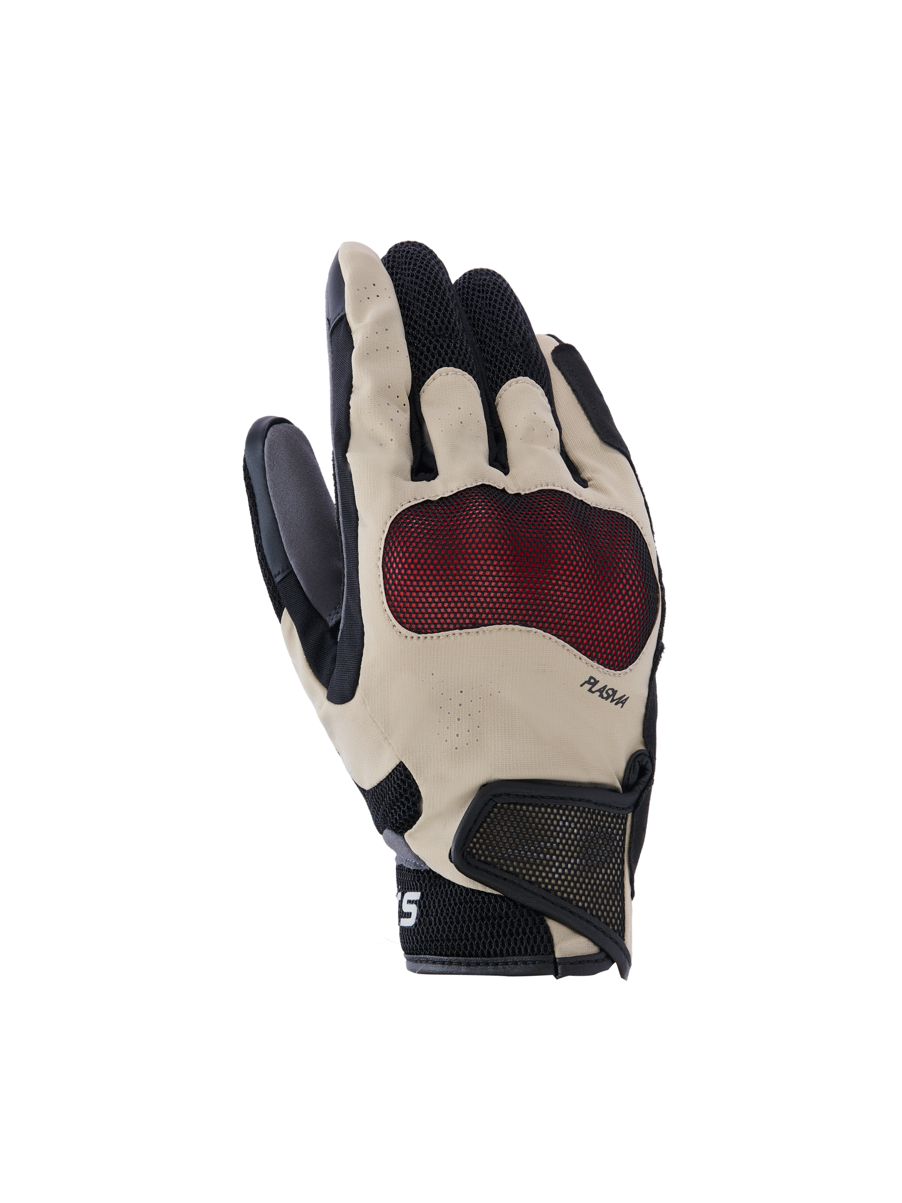 Alpinestars Mogress Airflow handschoenen, motorhandschoenen, beige, zwart en rood, met rode Nucleon Plasma knokkelbescherming, lasergeperforeerde vingers, 3D mesh-panelen voor luchtstroom en een korte manchet met klittenbandsluiting
