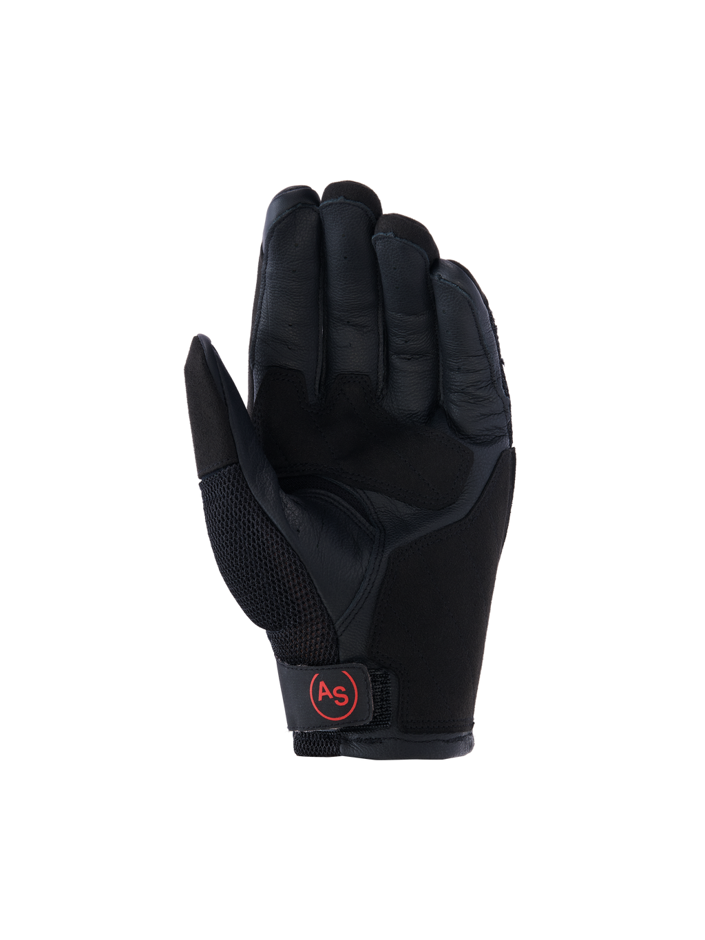 Alpinestars Manti Air handschoenen, adventure motorhandschoenen, zwart, zicht op de handpalm met versterkt leer, ademend mesh op de duim en rood cirkelvormig 'AS'-logo op de polssluiting