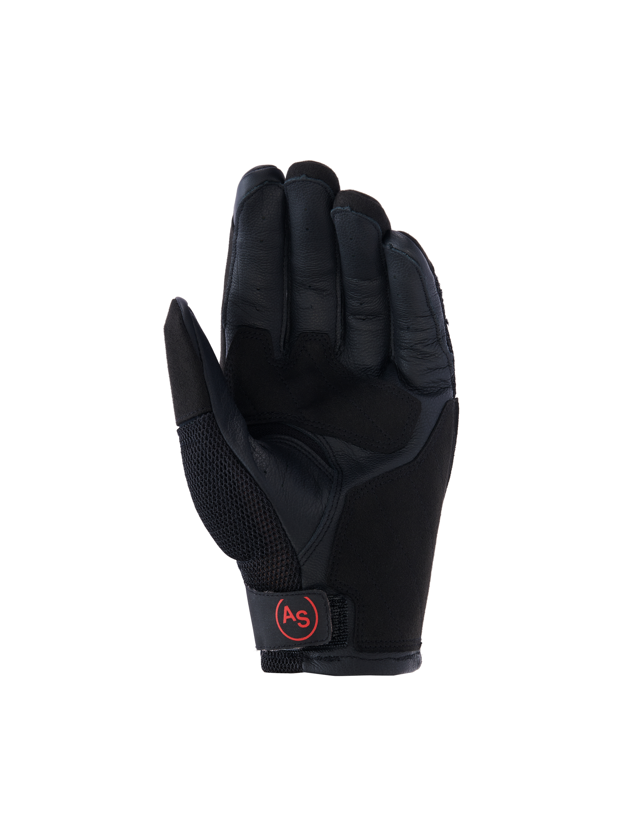 Alpinestars Manti Air Gloves, Adventure Motorcycle Gloves, Black, palm view featuring reinforced leather palm, breathable mesh on the thumb, and red circular 'AS' logo on the wrist closure.