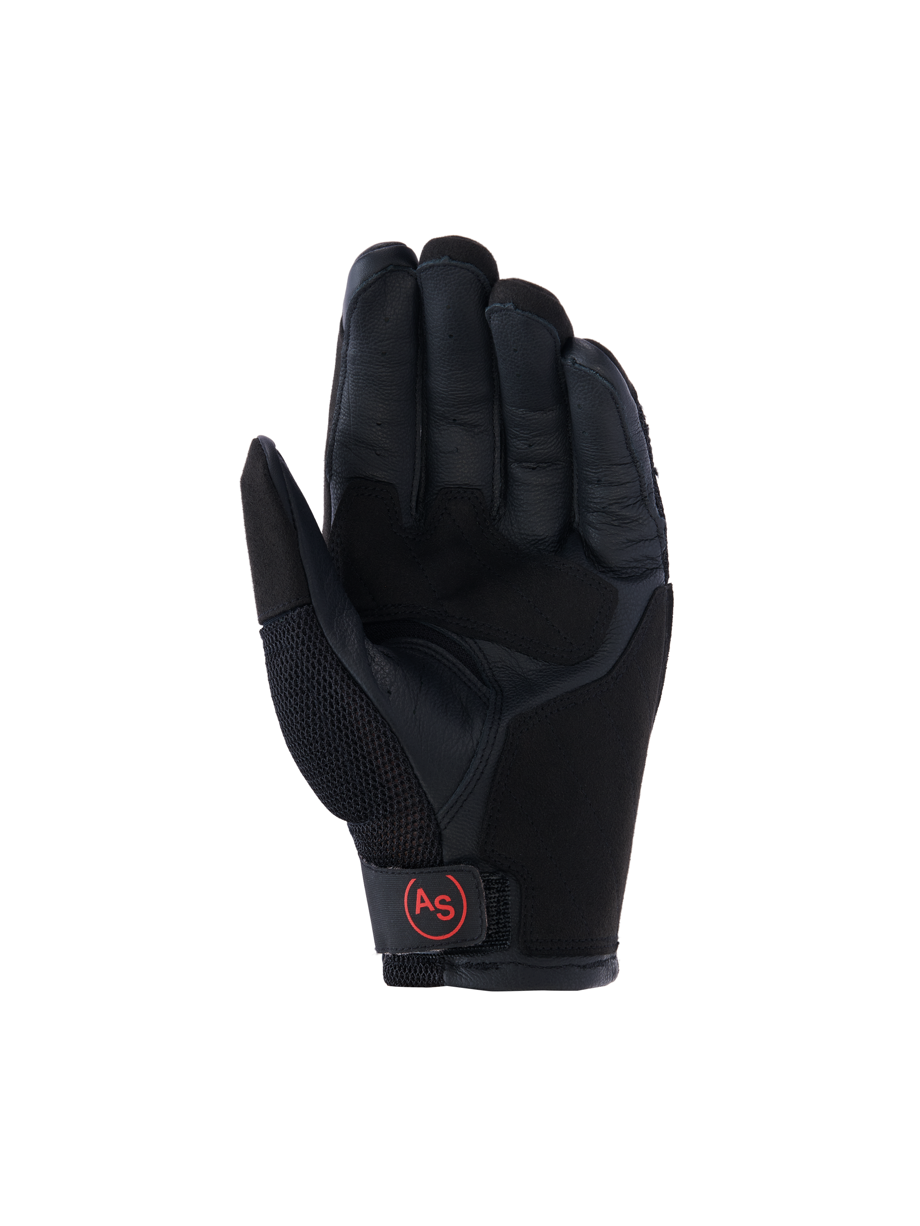 Alpinestars Manti Air handschoenen, adventure motorhandschoenen, zwart, zicht op de handpalm met versterkt leer, ademend mesh op de duim en rood cirkelvormig 'AS'-logo op de polssluiting