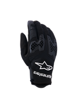 Alpinestars Manti Air Gloves, Motorcycle Riding Gloves, Black, featuring breathable mesh and textured honeycomb knuckle protection, white Alpinestars logo and text on the wrist, lightweight design for summer adventure riding