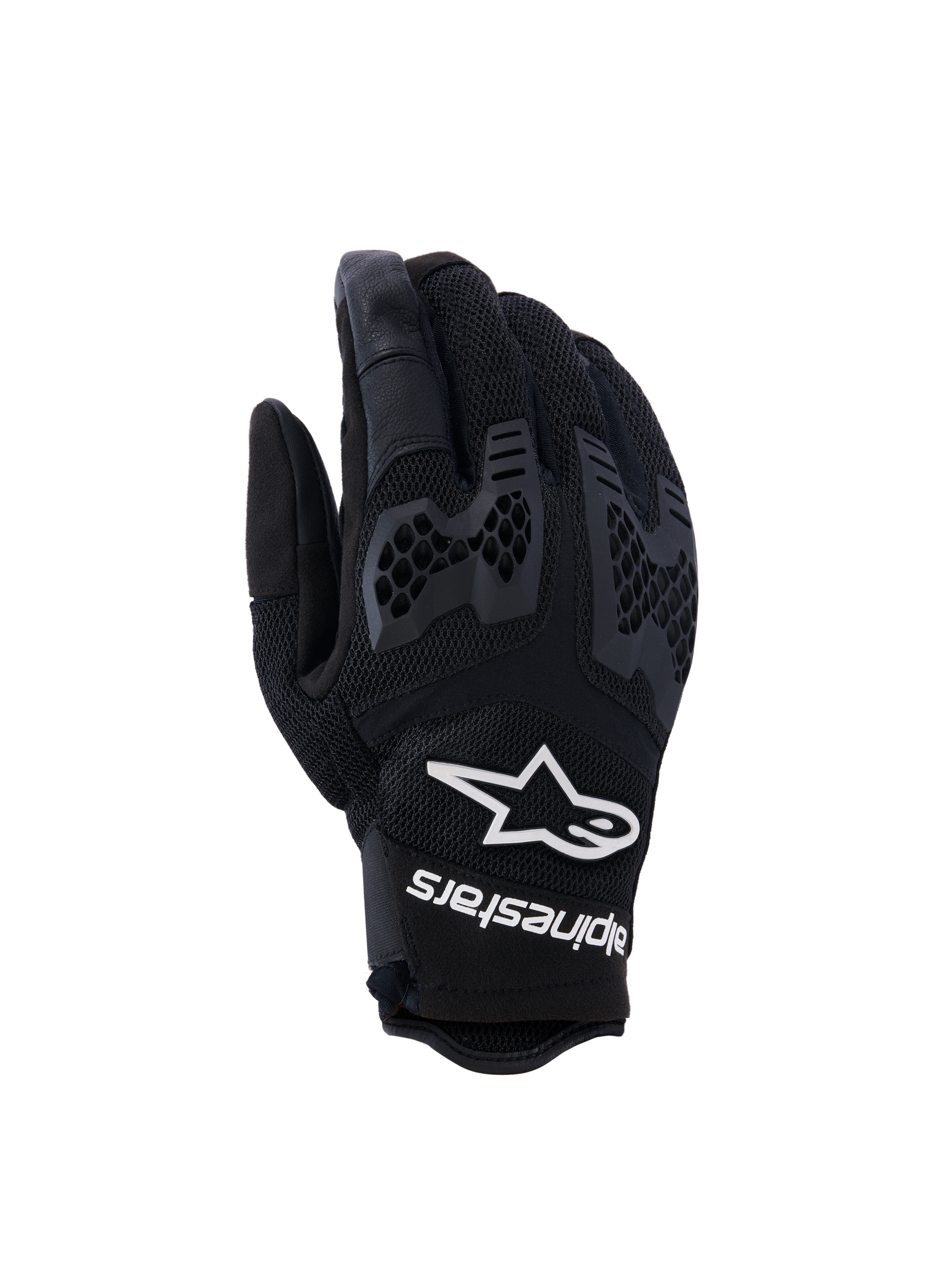 Alpinestars Manti Air Gloves, Motorcycle Riding Gloves, Black, featuring breathable mesh and textured honeycomb knuckle protection, white Alpinestars logo and text on the wrist, lightweight design for summer adventure riding