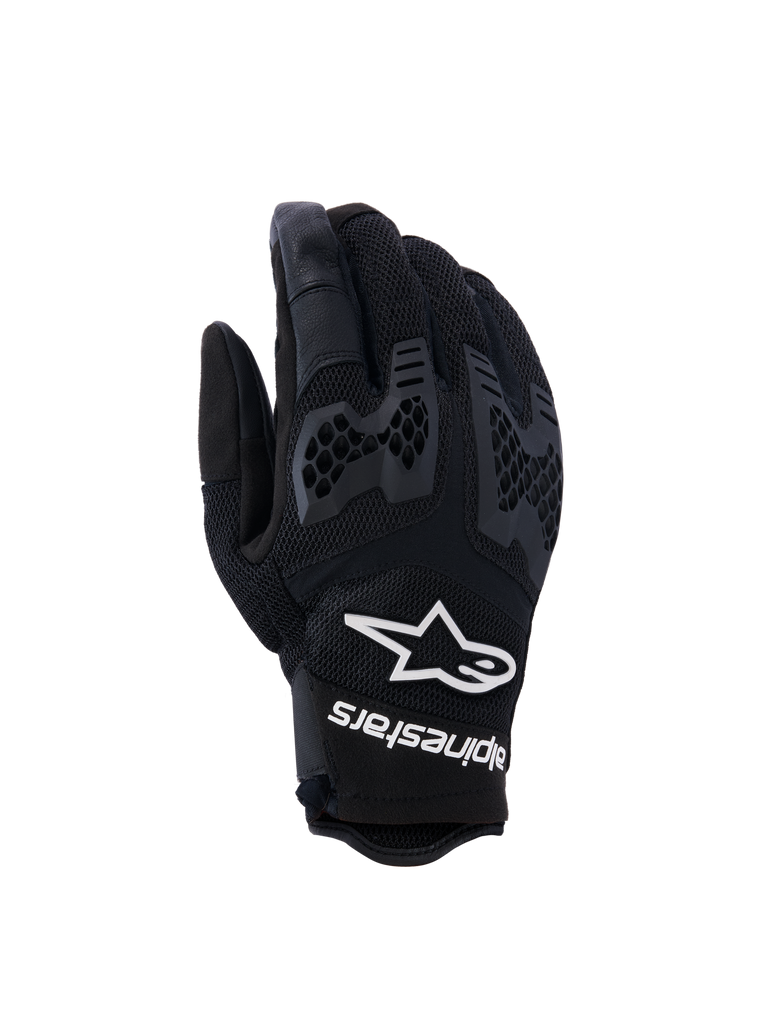 Alpinestars Manti Air motorhandschoenen, unisex motorfietshandschoenen, zwart met wit logo, gestructureerde knokbescherming, ademend honingraatpatroon, ergonomisch ontwerp met polsband
