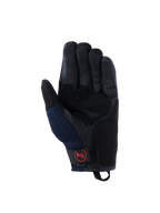 Alpinestars Manti Air handschoenen, motorhandschoenen, donkerblauw en zwart, zicht op de lederen handpalm met geperforeerde vingers, mesh zijpanelen en rood cirkelvormig AS-logo op de polssluiting, adventure-rijuitrusting
