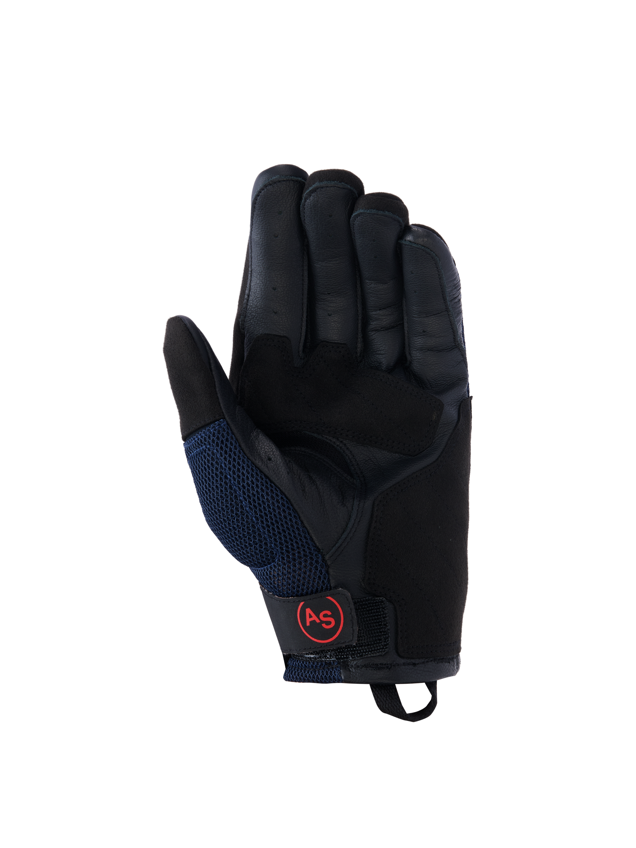 Alpinestars Manti Air handschoenen, motorhandschoenen, donkerblauw en zwart, zicht op de lederen handpalm met geperforeerde vingers, mesh zijpanelen en rood cirkelvormig AS-logo op de polssluiting, adventure-rijuitrusting