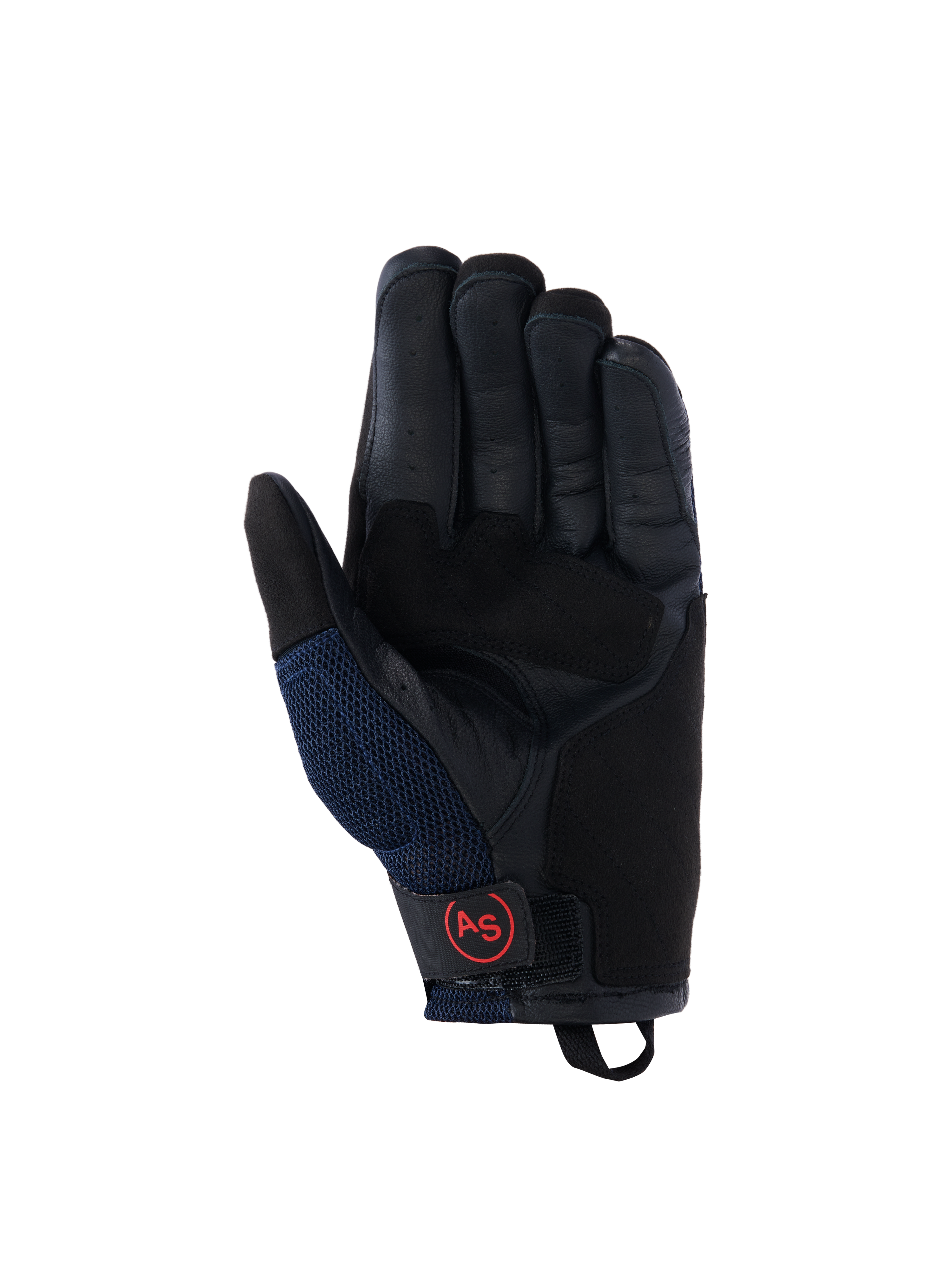 Alpinestars Manti Air handschoenen, motorhandschoenen, donkerblauw en zwart, zicht op de lederen handpalm met geperforeerde vingers, mesh zijpanelen en rood cirkelvormig AS-logo op de polssluiting, adventure-rijuitrusting