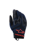 Alpinestars Manti Air handschoenen, motorhandschoenen, donkerblauw en zwart met Red Fluo accenten, voorzien van een ademende mesh-constructie en honingraat TPU-knokkelbescherming, Alpinestars sterlogo en merknaam op de pols, ontworpen voor zomerse adventure-ritten