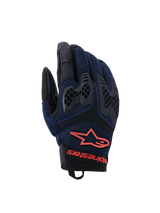 Alpinestars Manti Air handschoenen, motorhandschoenen, donkerblauw en zwart met Red Fluo accenten, voorzien van een ademende mesh-constructie en honingraat TPU-knokkelbescherming, Alpinestars sterlogo en merknaam op de pols, ontworpen voor zomerse adventure-ritten