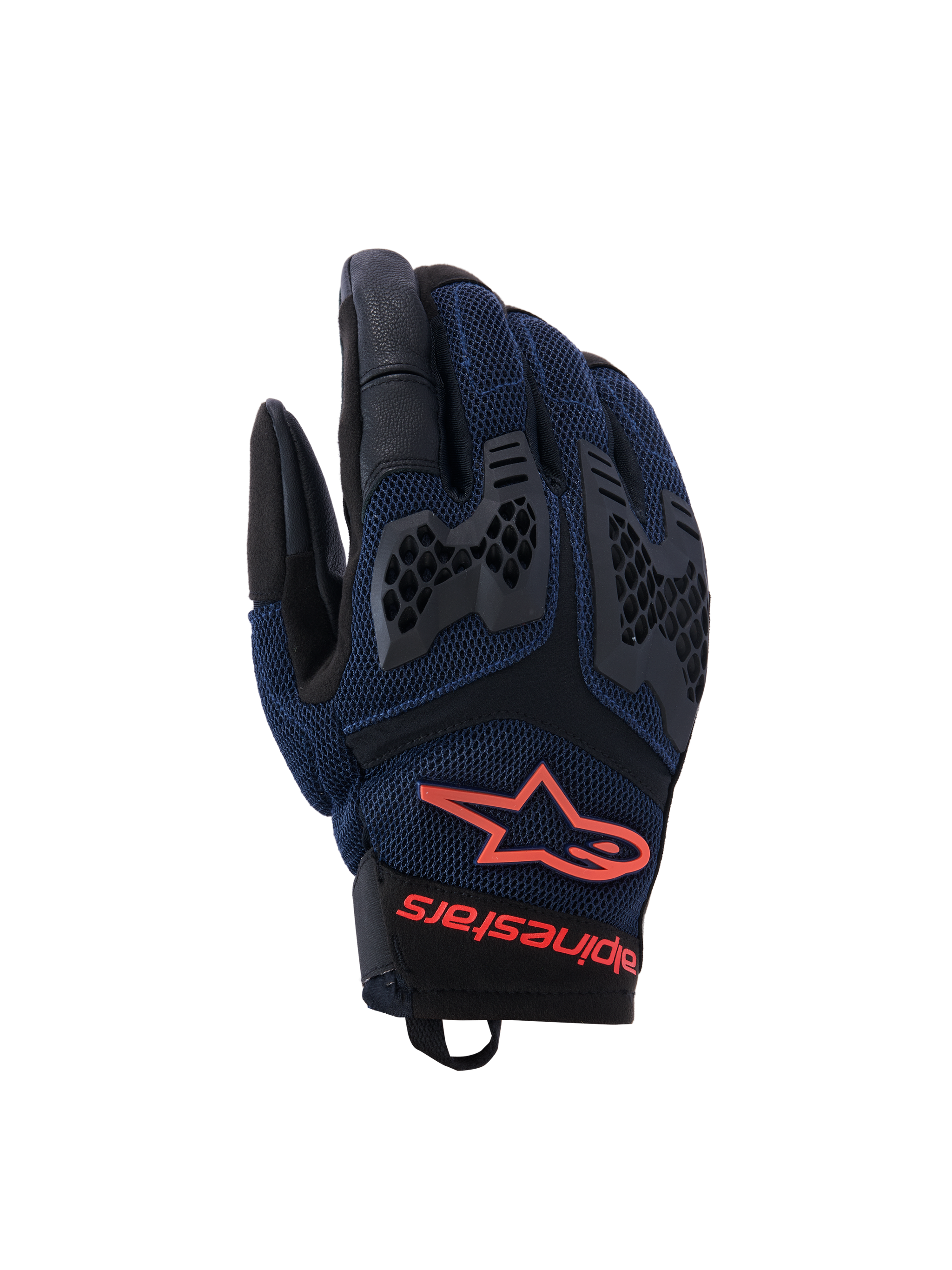 Alpinestars Manti Air handschoenen, motorhandschoenen, donkerblauw en zwart met Red Fluo accenten, voorzien van een ademende mesh-constructie en honingraat TPU-knokkelbescherming, Alpinestars sterlogo en merknaam op de pols, ontworpen voor zomerse adventure-ritten