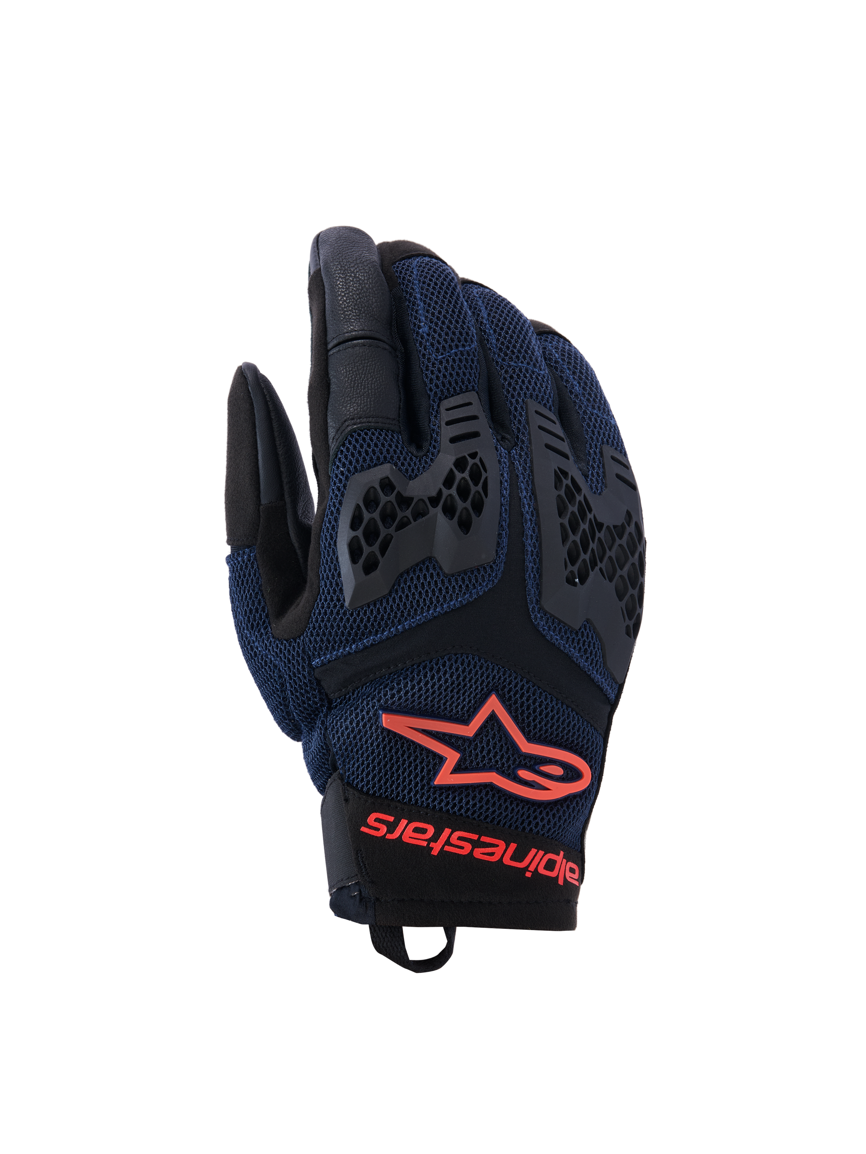 Alpinestars Manti Air handschoenen, motorhandschoenen, donkerblauw en zwart met Red Fluo accenten, voorzien van een ademende mesh-constructie en honingraat TPU-knokkelbescherming, Alpinestars sterlogo en merknaam op de pols, ontworpen voor zomerse adventure-ritten