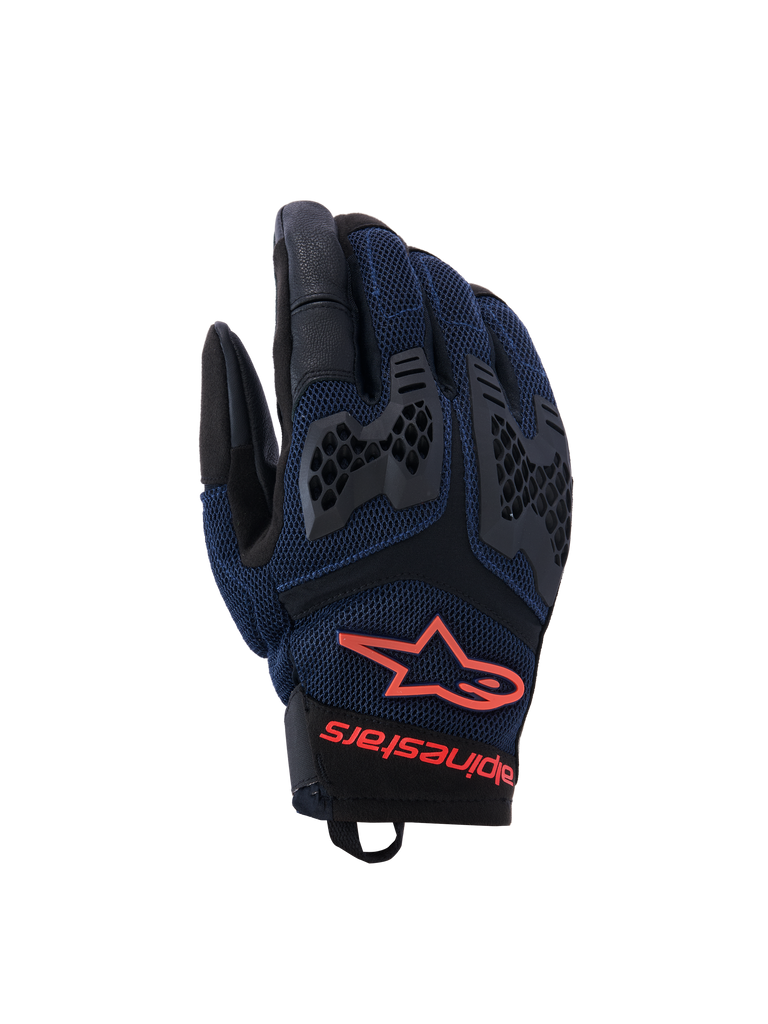 Alpinestars Manti Air handschoenen, motorhandschoenen, blauw en zwart, mesh textuur met beschermende versteviging op knokkels, rood logo, ademend ontwerp voor sportief rijden