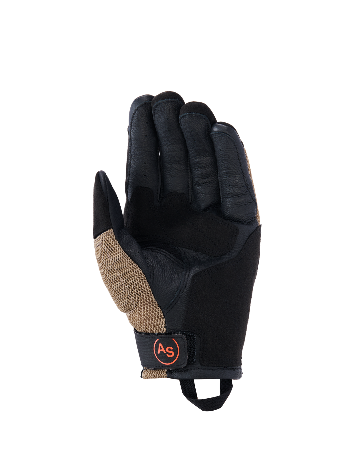 Alpinestars Manti Air handschoenen, motorhandschoenen, donker kaki en zwart met fluo oranje accenten, aanzicht van de handpalm met constructie van synthetisch suède, externe naden, ademende mesh-inzetstukken en een zwarte polsband met een rond oranje AS-logo.