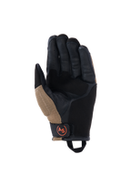 Alpinestars Manti Air handschoenen, motorhandschoenen, donker kaki en zwart met fluo oranje accenten, aanzicht van de handpalm met constructie van synthetisch suède, externe naden, ademende mesh-inzetstukken en een zwarte polsband met een rond oranje AS-logo.