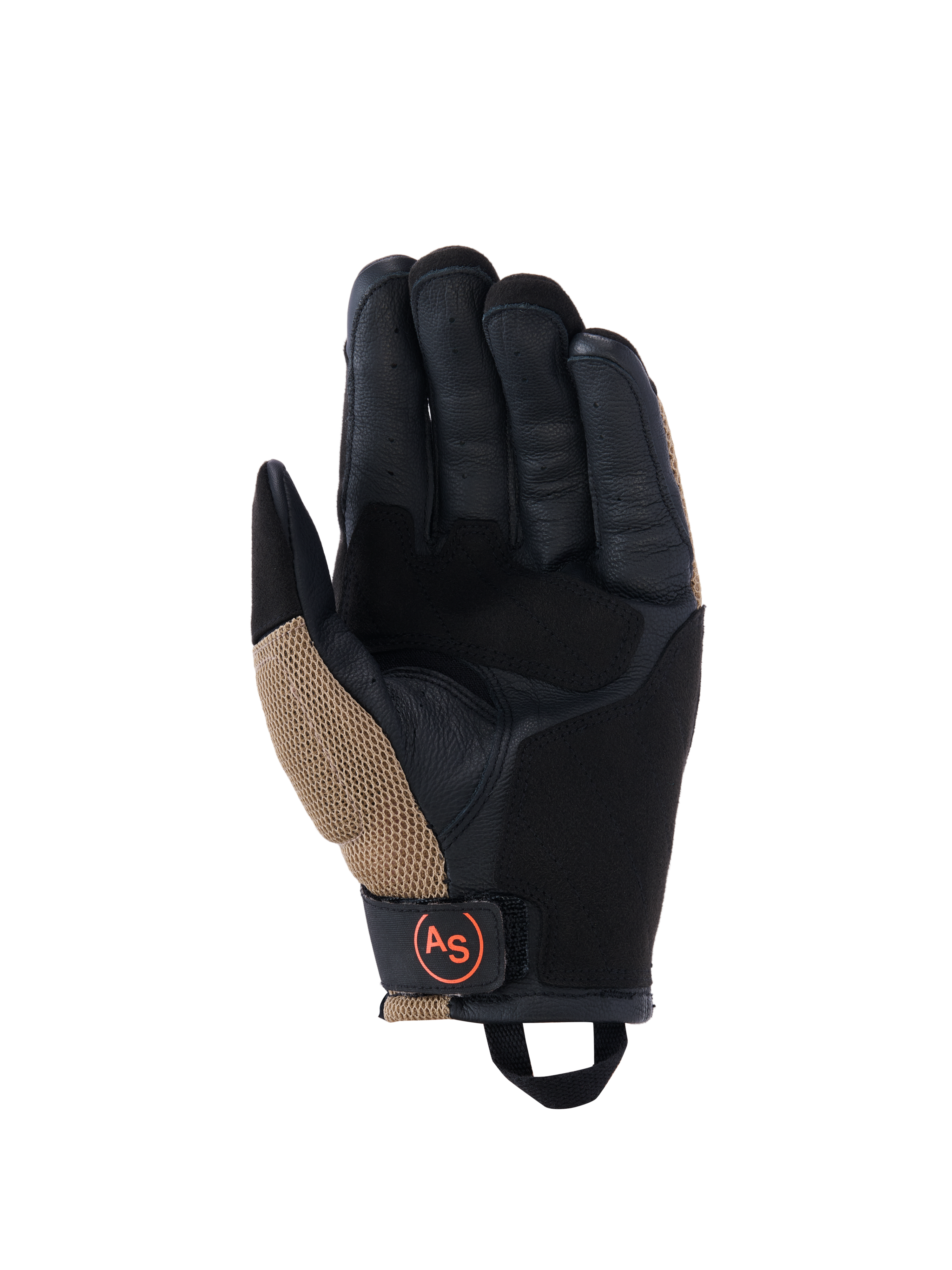 Alpinestars Manti Air handschoenen, motorhandschoenen, donker kaki en zwart met fluo oranje accenten, aanzicht van de handpalm met constructie van synthetisch suède, externe naden, ademende mesh-inzetstukken en een zwarte polsband met een rond oranje AS-logo.