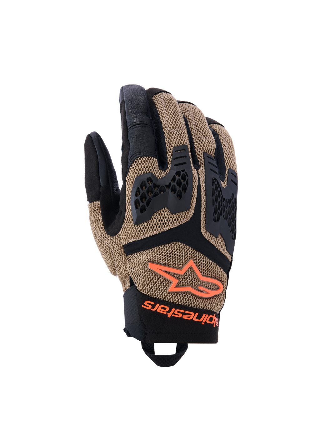 Alpinestars Manti Air handschoenen, motorhandschoenen, donkerkhaki en zwart met fluo-oranje accenten, voorzien van een 3D-stretch mesh-constructie, geïnjecteerde knokkelbescherming met een geperforeerd ontwerp, oranje sterlogo en een veilige polssluiting, ontworpen voor zomerse adventure- en wegritten