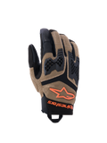 Alpinestars Manti Air handschoenen, motorhandschoenen, donkerkhaki en zwart met fluo-oranje accenten, voorzien van een 3D-stretch mesh-constructie, geïnjecteerde knokkelbescherming met een geperforeerd ontwerp, oranje sterlogo en een veilige polssluiting, ontworpen voor zomerse adventure- en wegritten