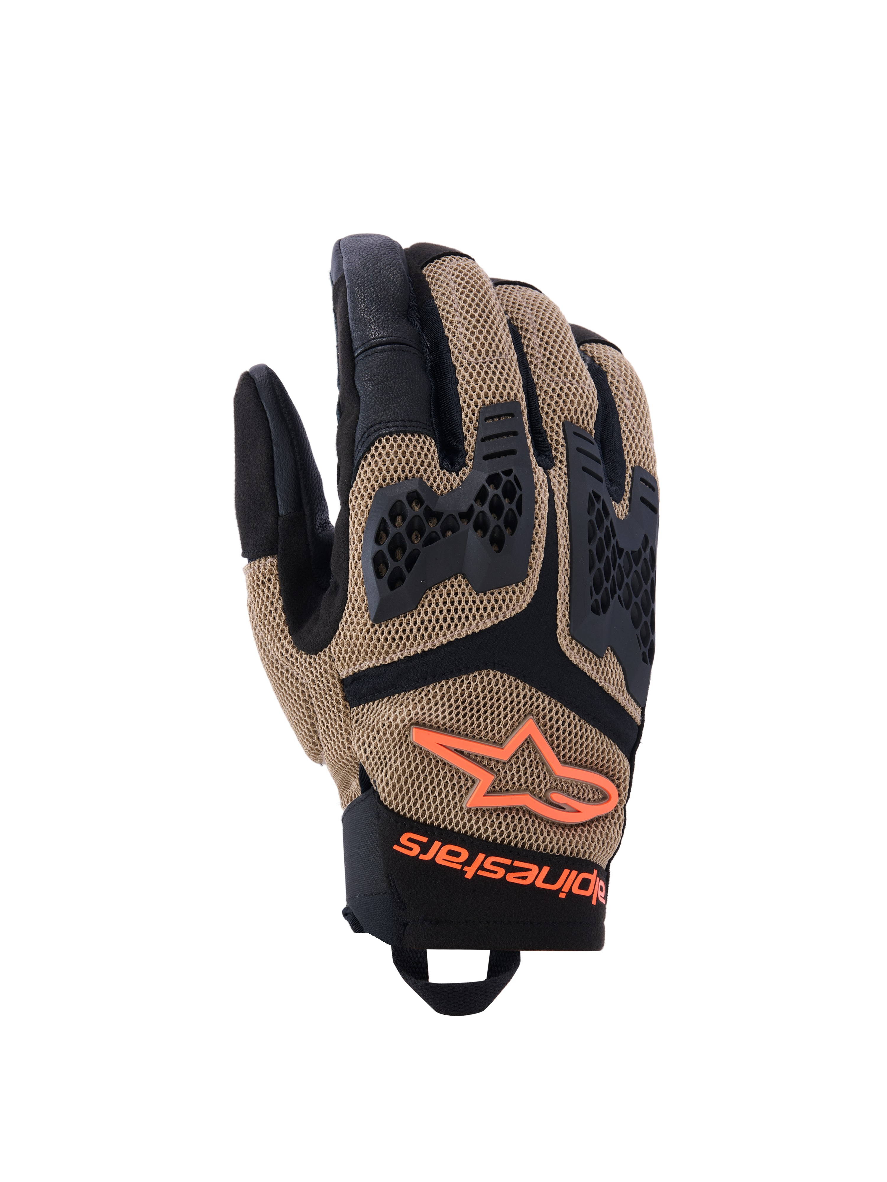 Alpinestars Manti Air handschoenen, motorhandschoenen, donkerkhaki en zwart met fluo-oranje accenten, voorzien van een 3D-stretch mesh-constructie, geïnjecteerde knokkelbescherming met een geperforeerd ontwerp, oranje sterlogo en een veilige polssluiting, ontworpen voor zomerse adventure- en wegritten