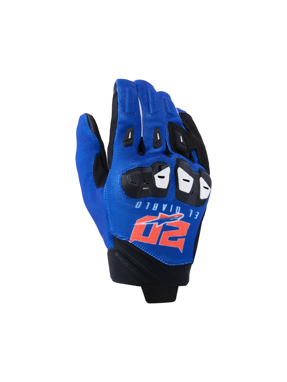 Alpinestars FQ20 SP X 1 handschoenen, sportieve motorhandschoenen, blauw, zwart en fluorood, voorzien van El Diablo- en 20-branding op de rug, bovenzijde van textiel mesh met zwarte knokkelbescherming, gestroomlijnd ontwerp voor racen en sportief rijden