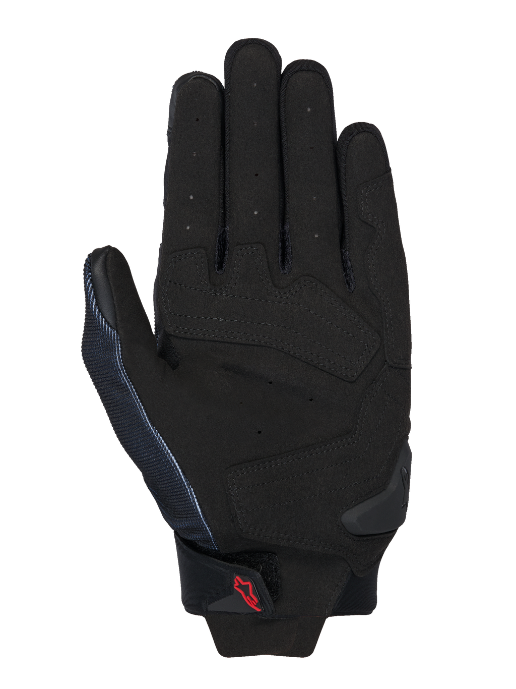 Alpinestars MM93 Spx 1 handschoenen, zwart, handpalmweergave met synthetisch lederen constructie, versterkte impactzones, geperforeerde vingers voor ventilatie, TPR palm slider en een klein rood Alpinestars-logo op de polsband