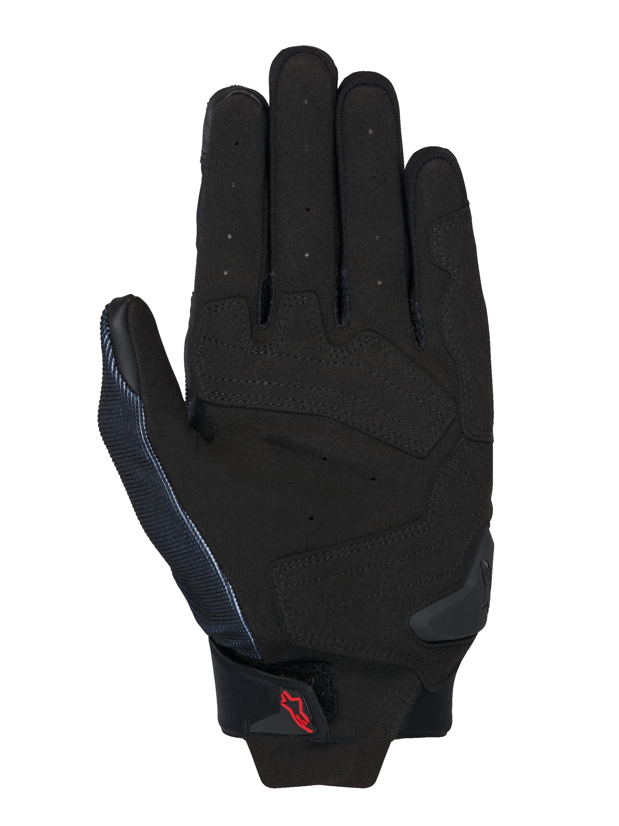 Alpinestars MM93 Spx 1 handschoenen, zwart, handpalmweergave met synthetisch lederen constructie, versterkte impactzones, geperforeerde vingers voor ventilatie, TPR palm slider en een klein rood Alpinestars-logo op de polsband