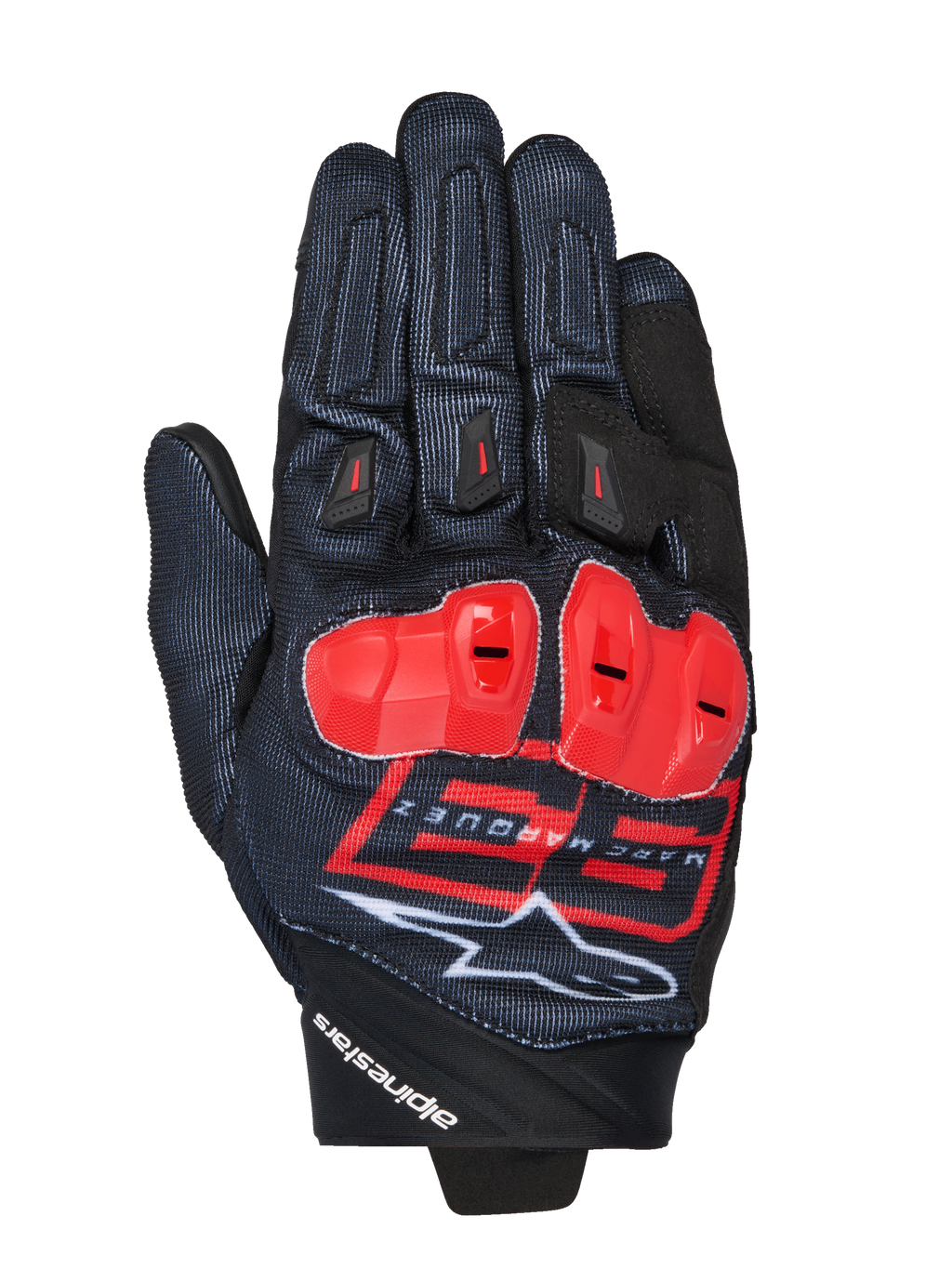 Alpinestars MM93 Spx 1 handschoenen, motorracehandschoenen, zwart met felrode en witte accenten, rode knokkelbeschermers, voorzien van het Marc Marquez 93-logo en Alpinestars-branding, getextureerde stof met een sportief design