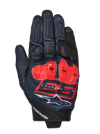 Alpinestars MM93 Spx 1 handschoenen, motorracehandschoenen, zwart met felrode en witte accenten, rode knokkelbeschermers, voorzien van het Marc Marquez 93-logo en Alpinestars-branding, getextureerde stof met een sportief design
