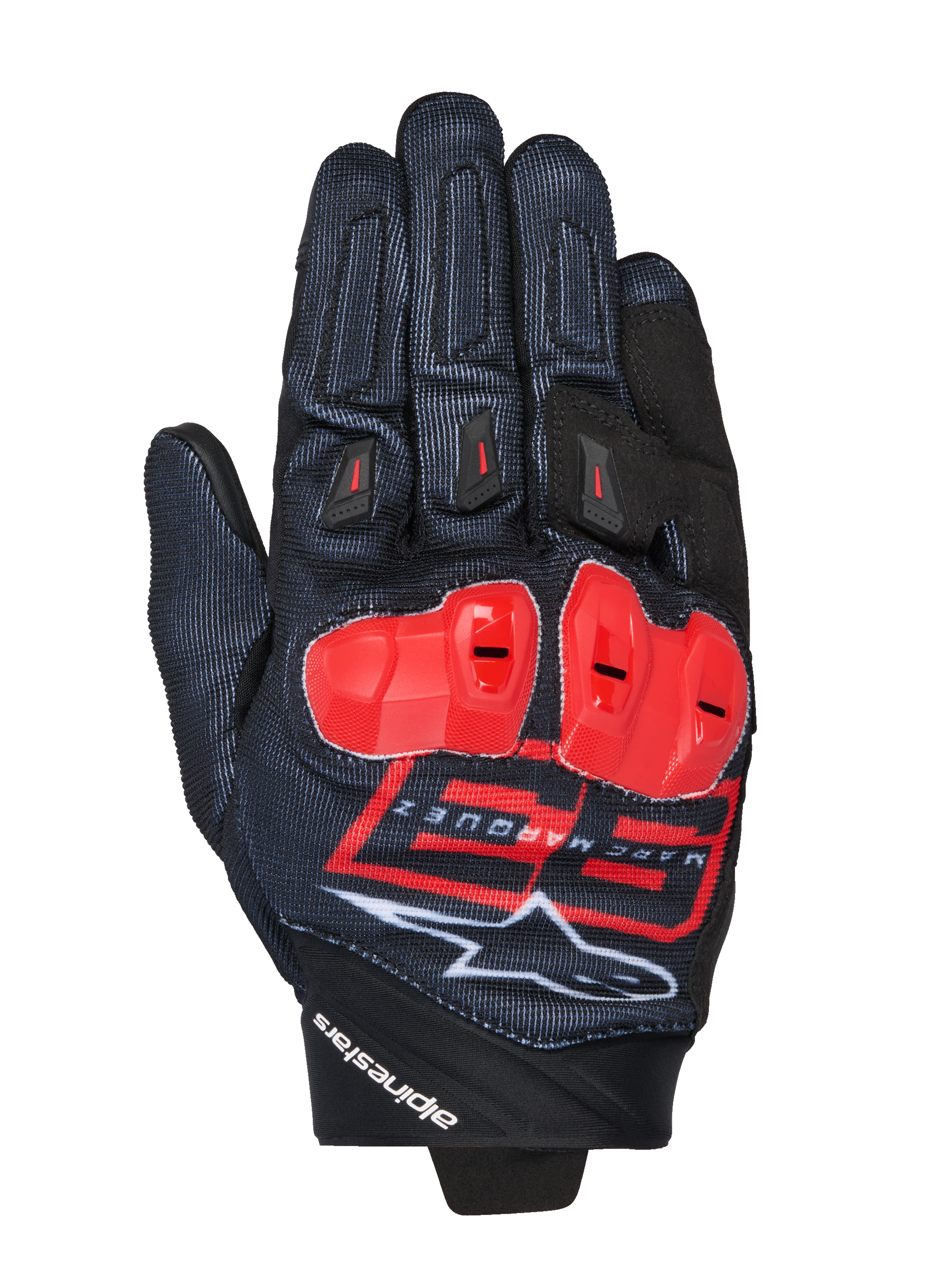 Alpinestars MM93 Spx 1 handschoenen, motorracehandschoenen, zwart met felrode en witte accenten, rode knokkelbeschermers, voorzien van het Marc Marquez 93-logo en Alpinestars-branding, getextureerde stof met een sportief design