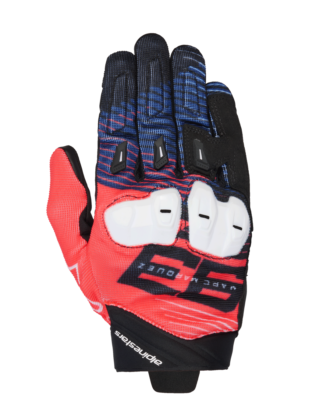 Alpinestars MM93 Spx 1 Gloves, Motorcycle Racing Gloves, Red Blue and Black, featuring White knuckle protection, prominent 93 Marc Marquez graphic, textured textile with black finger sliders, sporty racing design with Alpinestars branding on the wrist