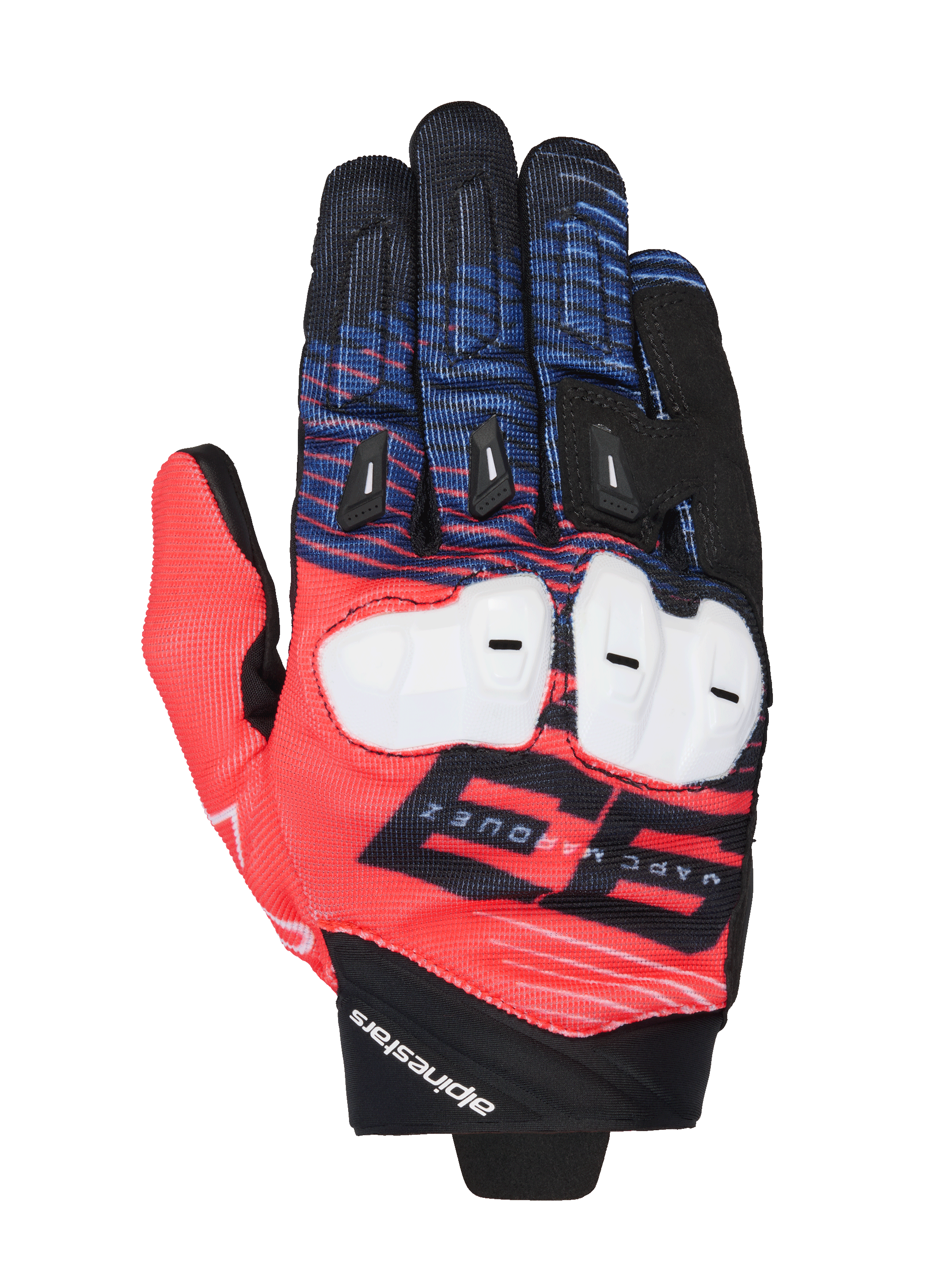Alpinestars MM93 Spx 1 handschoenen, motorracinghandschoenen, rood, blauw en zwart, witte knokkelbescherming, opvallende 93 Marc Marquez-graphic, getextureerde stof met zwarte vinger-sliders, sportief race-ontwerp met Alpinestars-branding op de pols