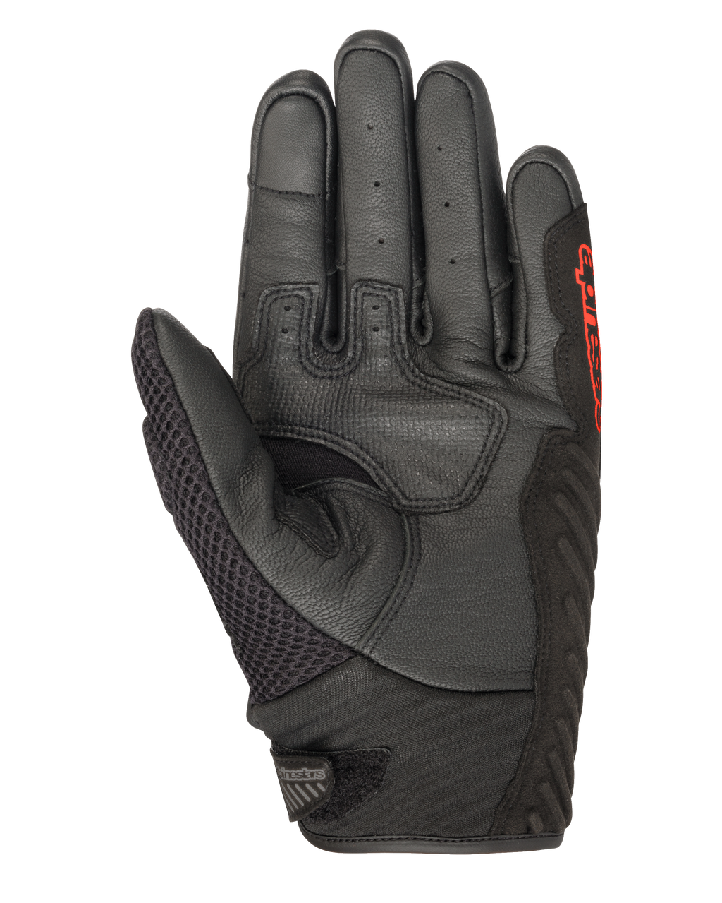 Alpinestars SMX-1 Air V2 handschoenen, zwart en fluorescerend rood, zicht op de handpalm met geperforeerd leer, mesh duimpaneel, versterkte gripzones en rode branding, ontworpen voor motorrijden op de weg in de zomer