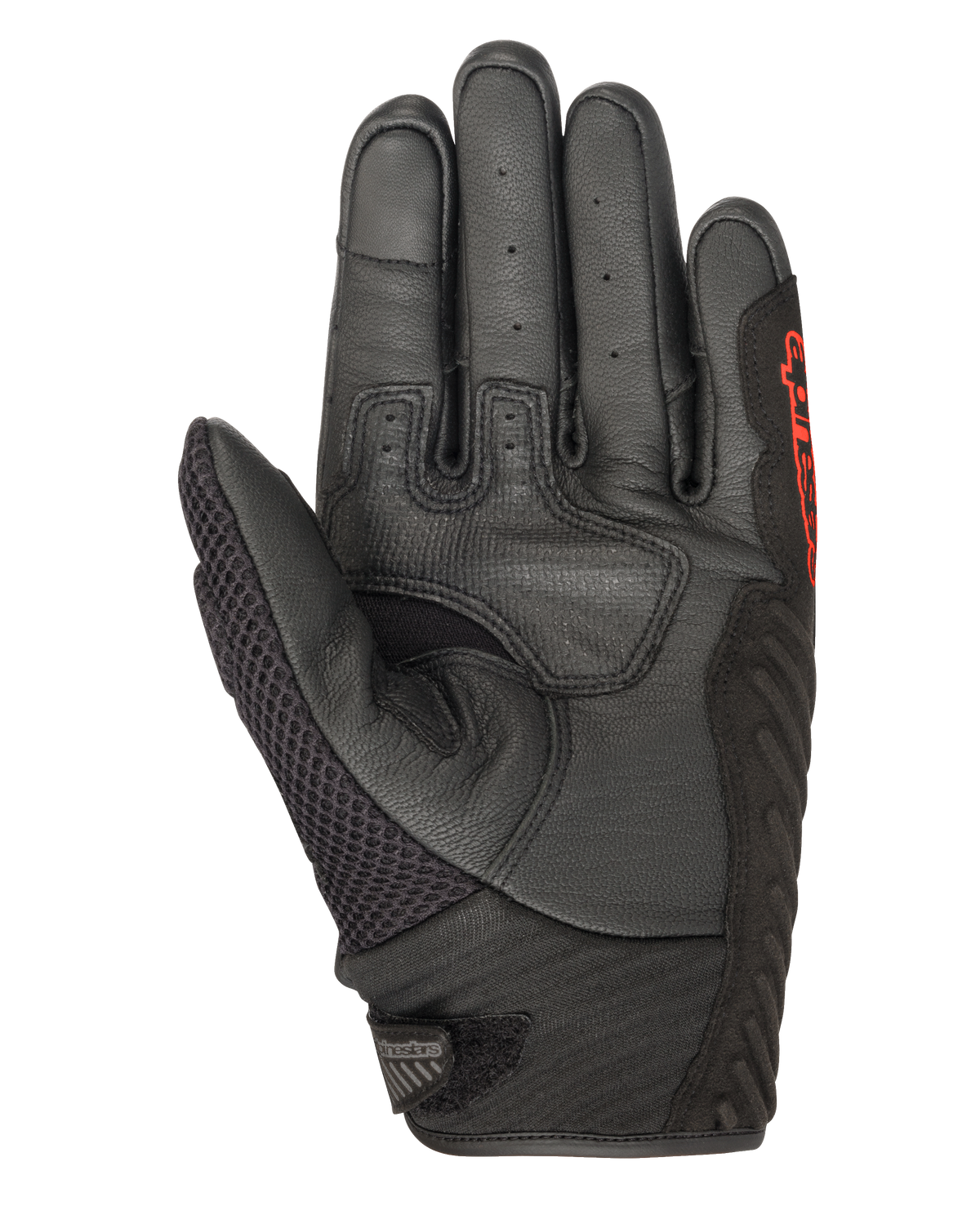 Alpinestars SMX-1 Air V2 handschoenen, zwart en fluorescerend rood, zicht op de handpalm met geperforeerd leer, mesh duimpaneel, versterkte gripzones en rode branding, ontworpen voor motorrijden op de weg in de zomer