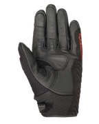 Alpinestars SMX-1 Air V2 handschoenen, zwart en fluorescerend rood, zicht op de handpalm met geperforeerd leer, mesh duimpaneel, versterkte gripzones en rode branding, ontworpen voor motorrijden op de weg in de zomer