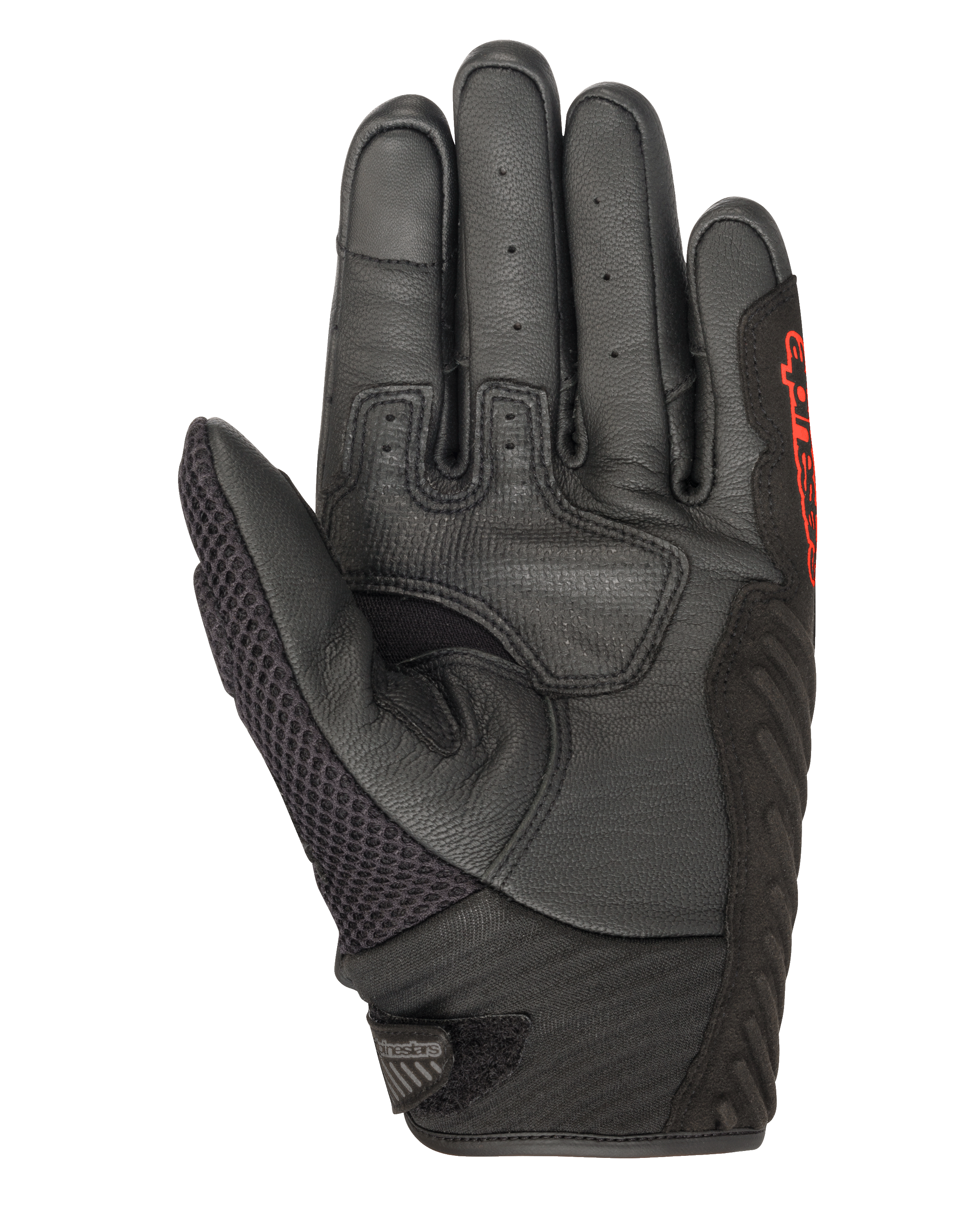 Alpinestars SMX-1 Air V2 handschoenen, zwart en fluorescerend rood, zicht op de handpalm met geperforeerd leer, mesh duimpaneel, versterkte gripzones en rode branding, ontworpen voor motorrijden op de weg in de zomer