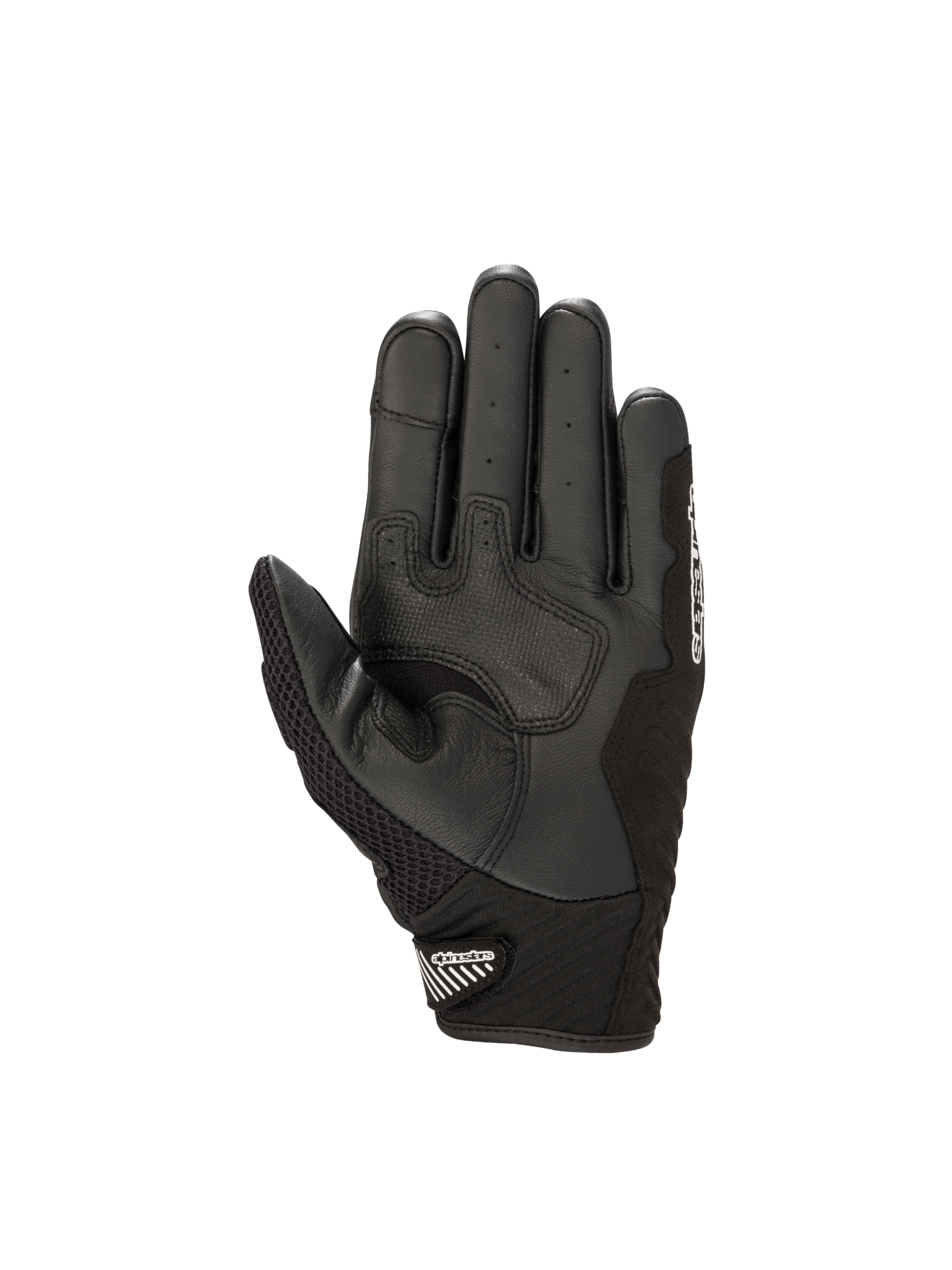 Alpinestars SMX-1 Air V2 motorhandschoenen in zwart leer met een versterkte palm en mesh duim voor stedelijk gebruik.