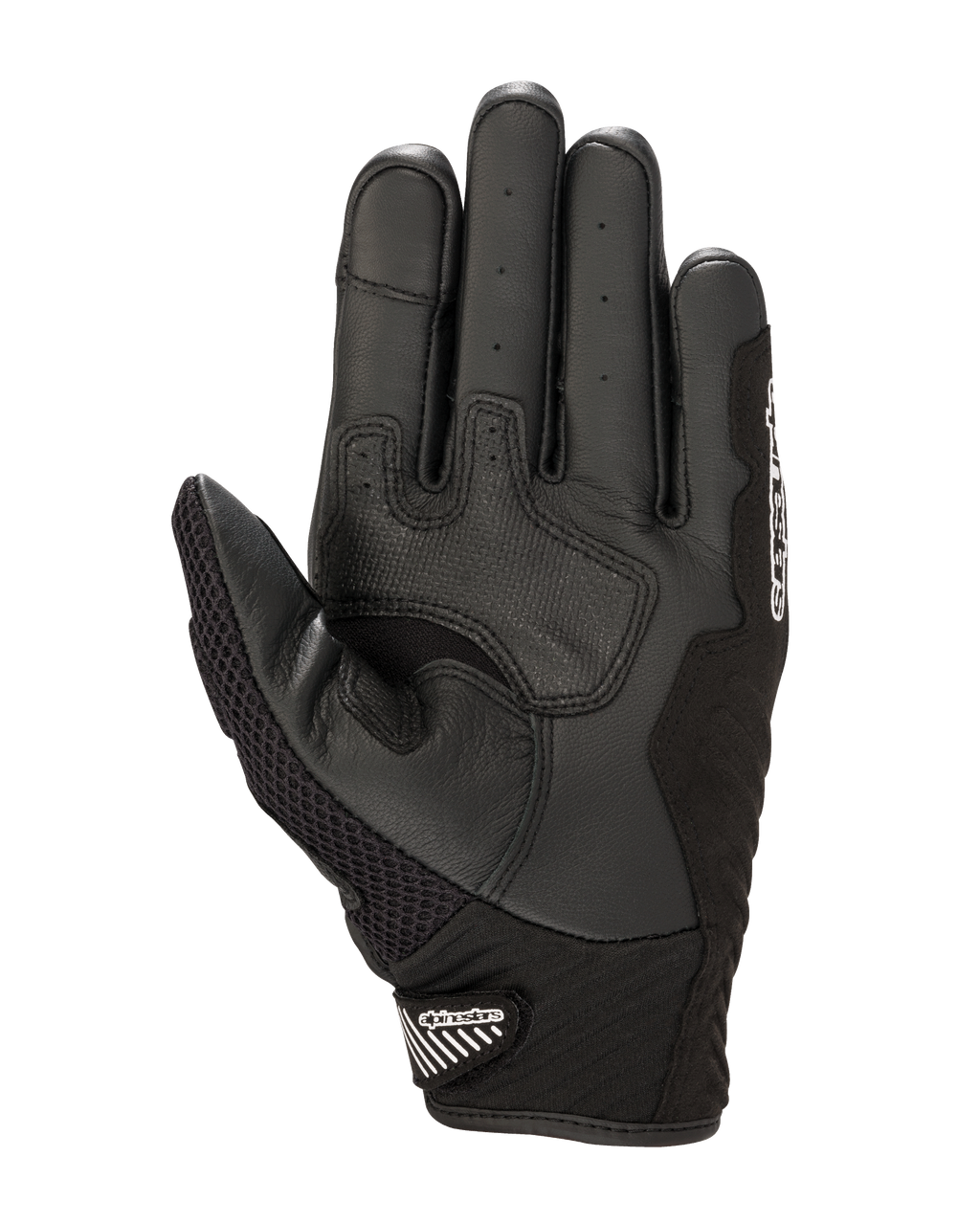 Alpinestars SMX-1 Air V2 handschoenen, handpalmzicht, zwart en wit, met versterkte lederen gripzones, geperforeerde handpalm voor ventilatie en een veilige korte manchet met klittenbandsluiting.