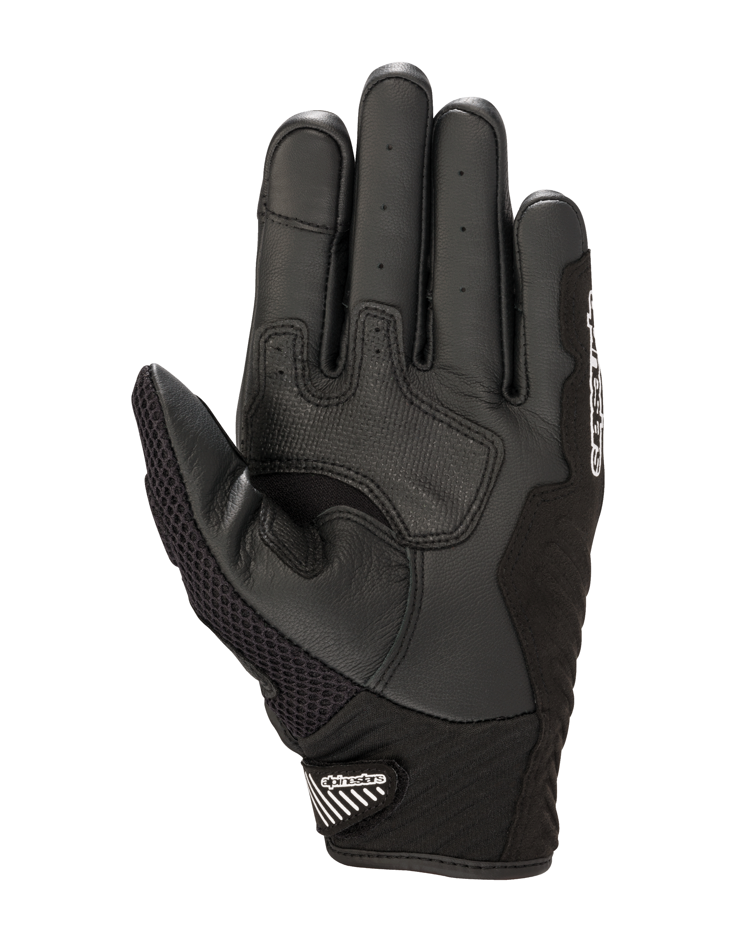 Alpinestars SMX-1 Air V2 handschoenen, handpalmzicht, zwart en wit, met versterkte lederen gripzones, geperforeerde handpalm voor ventilatie en een veilige korte manchet met klittenbandsluiting.