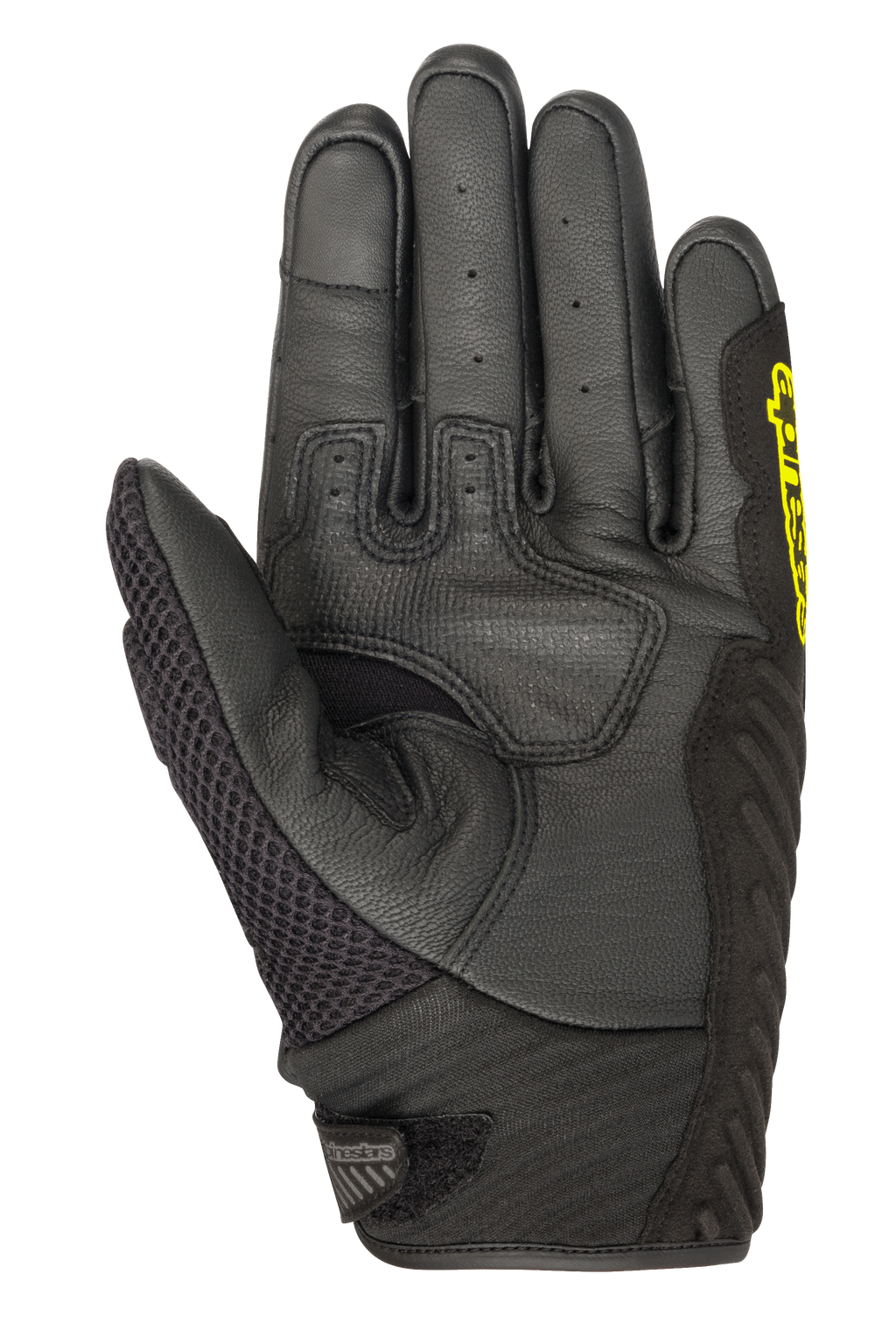 Alpinestars SMX-1 Air V2 handschoenen, korte motorhandschoenen, zwart en geel fluo, zicht op de handpalm met geperforeerde lederen vingers, mesh paneel op de duim en versterkte gripzone, ontworpen voor zomerse ritten op de weg