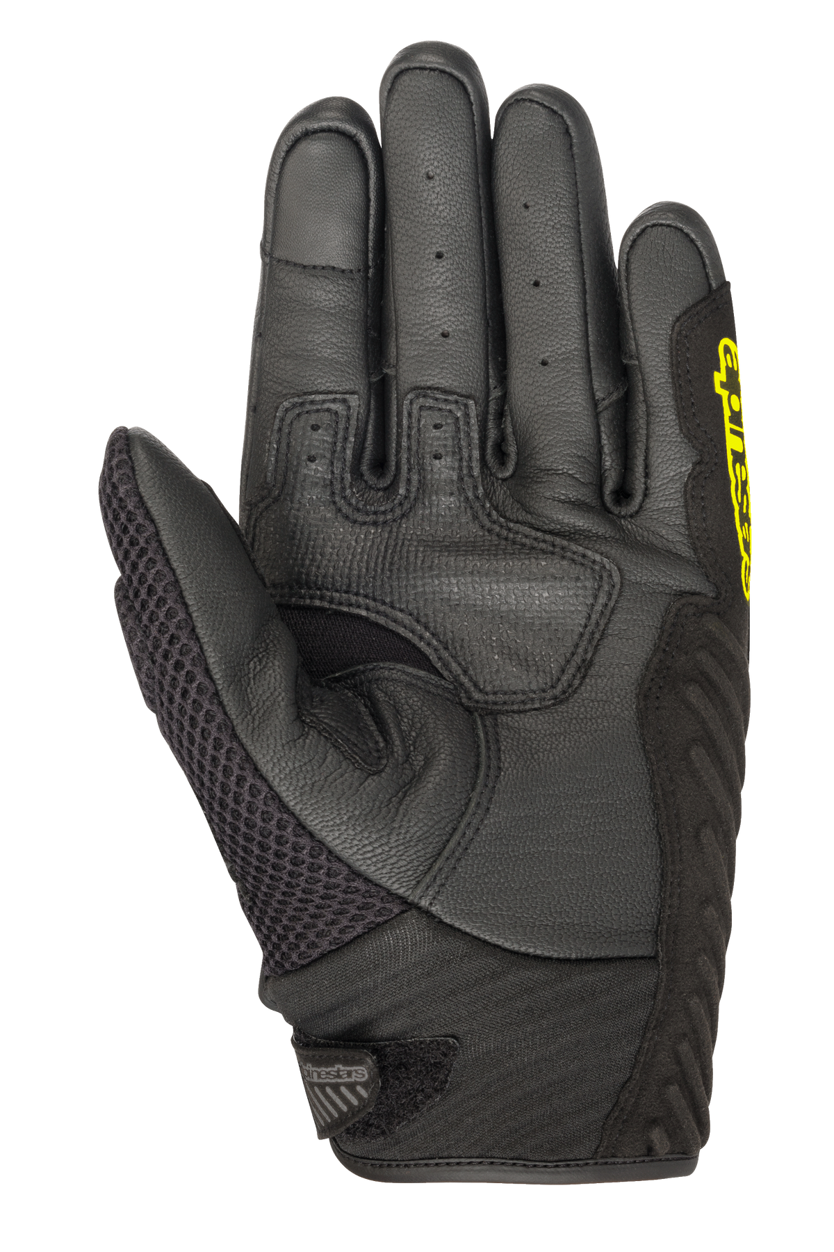 Alpinestars SMX-1 Air V2 handschoenen, korte motorhandschoenen, zwart en geel fluo, zicht op de handpalm met geperforeerde lederen vingers, mesh paneel op de duim en versterkte gripzone, ontworpen voor zomerse ritten op de weg