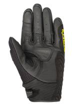 Alpinestars SMX-1 Air V2 handschoenen, korte motorhandschoenen, zwart en geel fluo, zicht op de handpalm met geperforeerde lederen vingers, mesh paneel op de duim en versterkte gripzone, ontworpen voor zomerse ritten op de weg