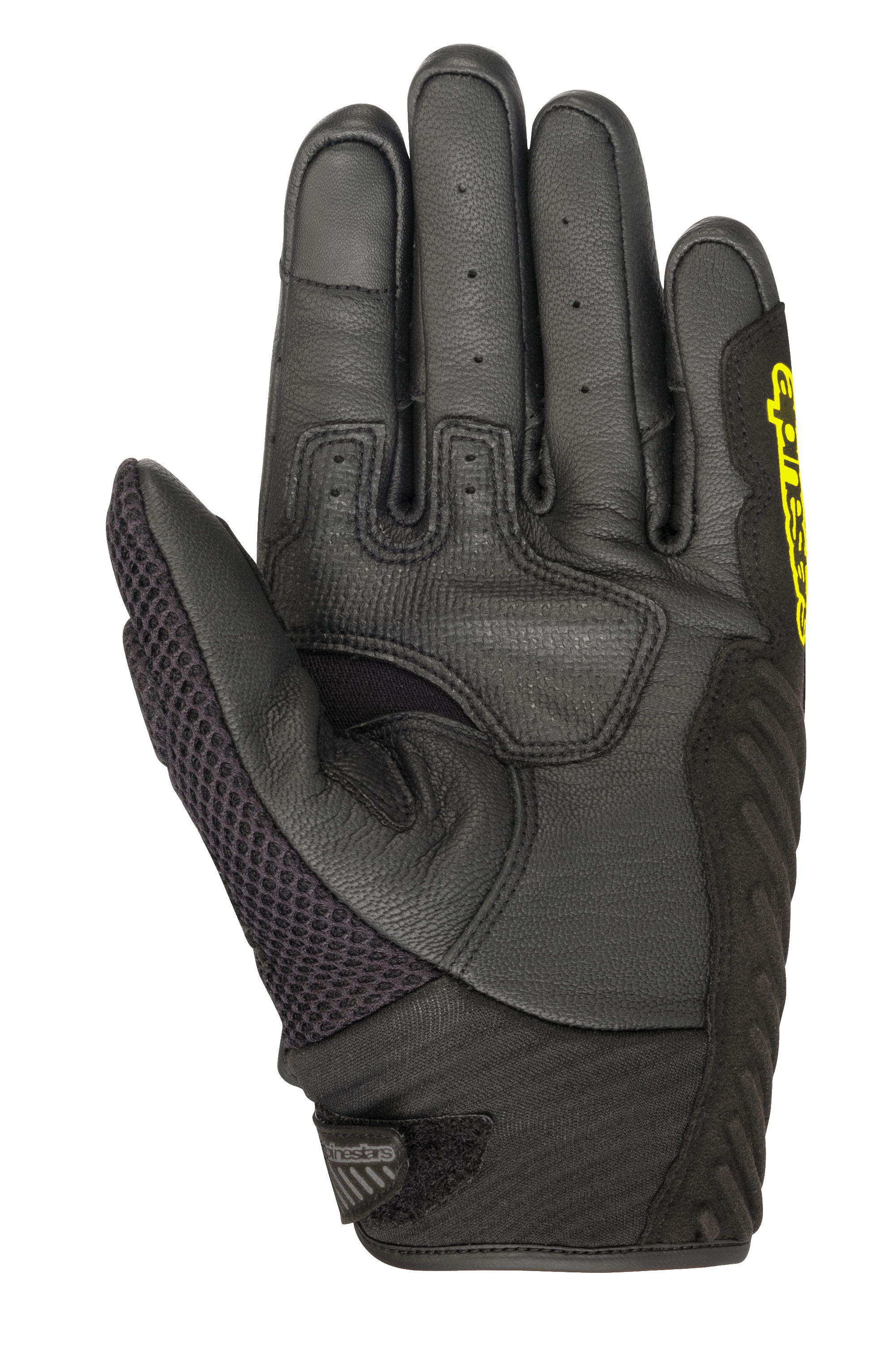 Alpinestars SMX-1 Air V2 handschoenen, korte motorhandschoenen, zwart en geel fluo, zicht op de handpalm met geperforeerde lederen vingers, mesh paneel op de duim en versterkte gripzone, ontworpen voor zomerse ritten op de weg