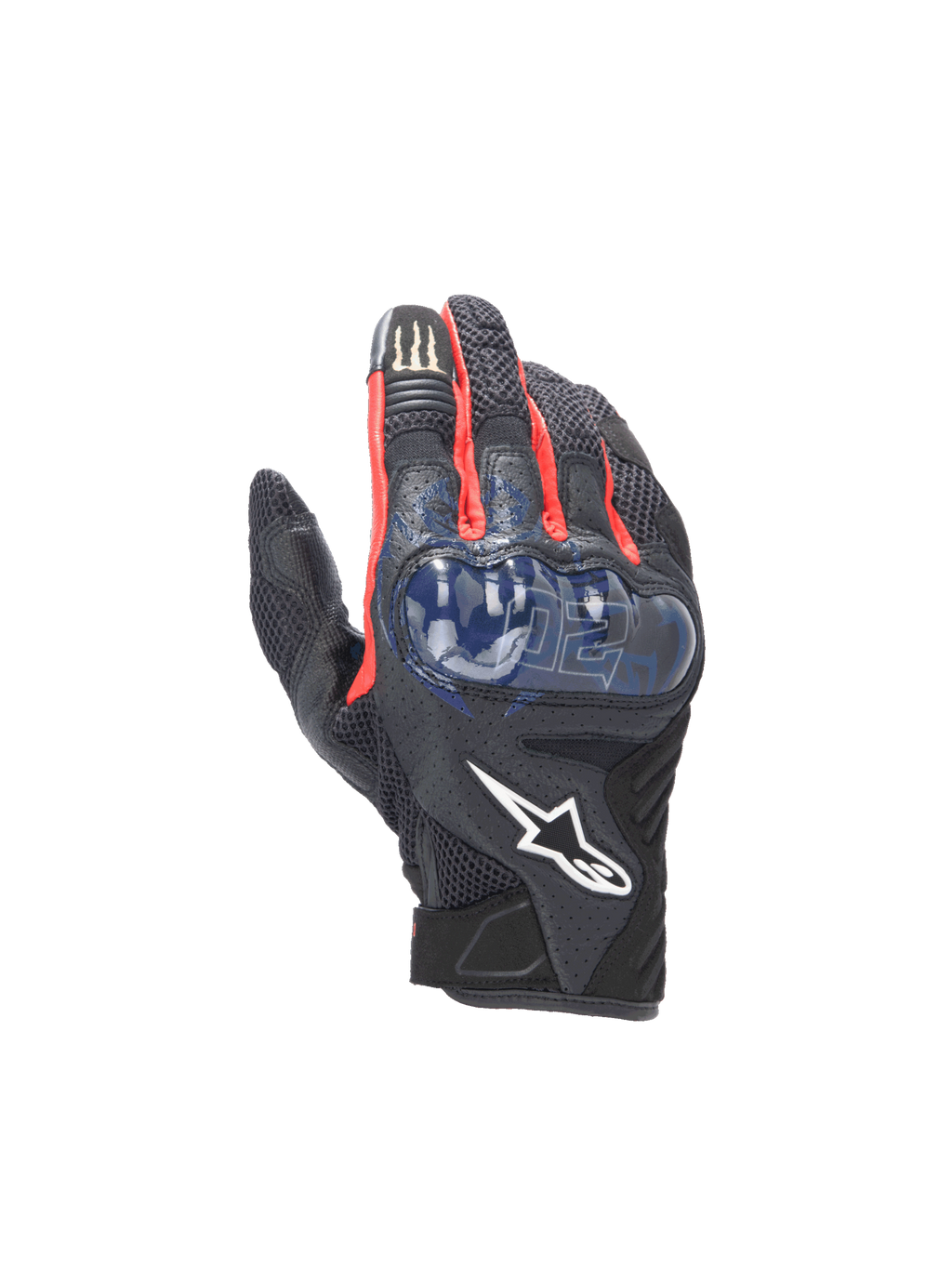 Alpinestars FQ20 SMX-1 Air V2 Monster handschoenen, zwart-blauwe herenmotorhandschoenen met mesh en harde knokkelbescherming.