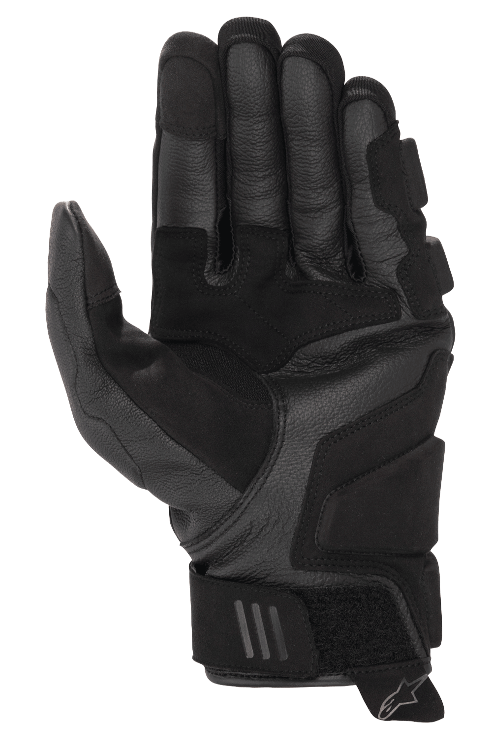 Alpinestars Phenom Leather Air handschoenen, motorhandschoenen, zwart, zicht op de handpalm met hoogwaardige geitenleren constructie, versterkte vulling en verstelbare polsband met merklogo