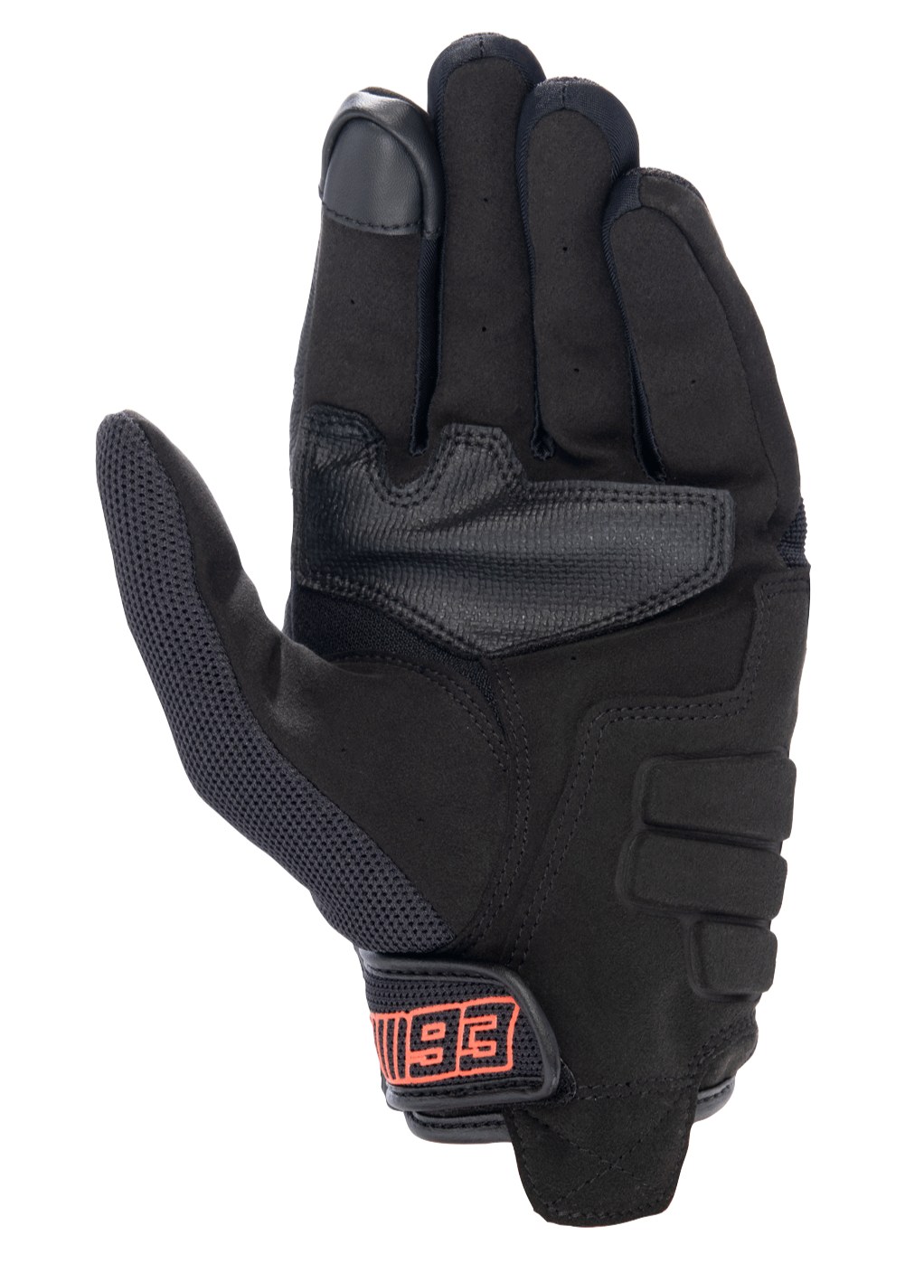 Alpinestars MM93 Losail V2 handschoenen, urban motorhandschoenen, zwart, zicht op de handpalm met synthetisch suède constructie, touchscreen-compatibele vingertop en haak-en-lus sluiting met rode MM93-branding.