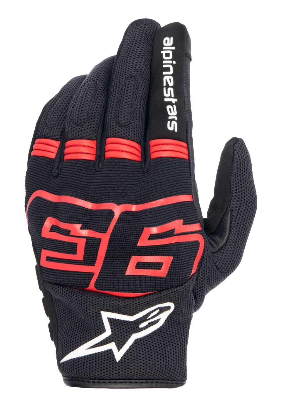 Alpinestars MM93 Losail V2 handschoenen, zwart met fluorood, voorzien van Marc Marquez 93 graphic, wit Alpinestars-logo, ademende mesh handrug, accordeon vingerpanelen voor flexibiliteit, urban motorracestijl