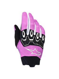 Alpinestars Stella Full Bore V2 handschoenen, dames motorcrosshandschoenen, violet, wit en zwart, met ergonomische TPR-knokkelbescherming, wit Alpinestars-sterlogo op violette stretchstof, zwarte neopreen manchet, off-road motorrace-uitrusting