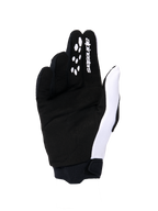 Alpinestars 2026 Stella Full Bore V2 dameshandschoenen, motorcross handschoenen, handpalmaanzicht in zwart en wit, met een constructie van synthetisch suède, siliconen grippatronen op de vingers voor controle over de hendels, wit logo en een stevige neopreen manchet