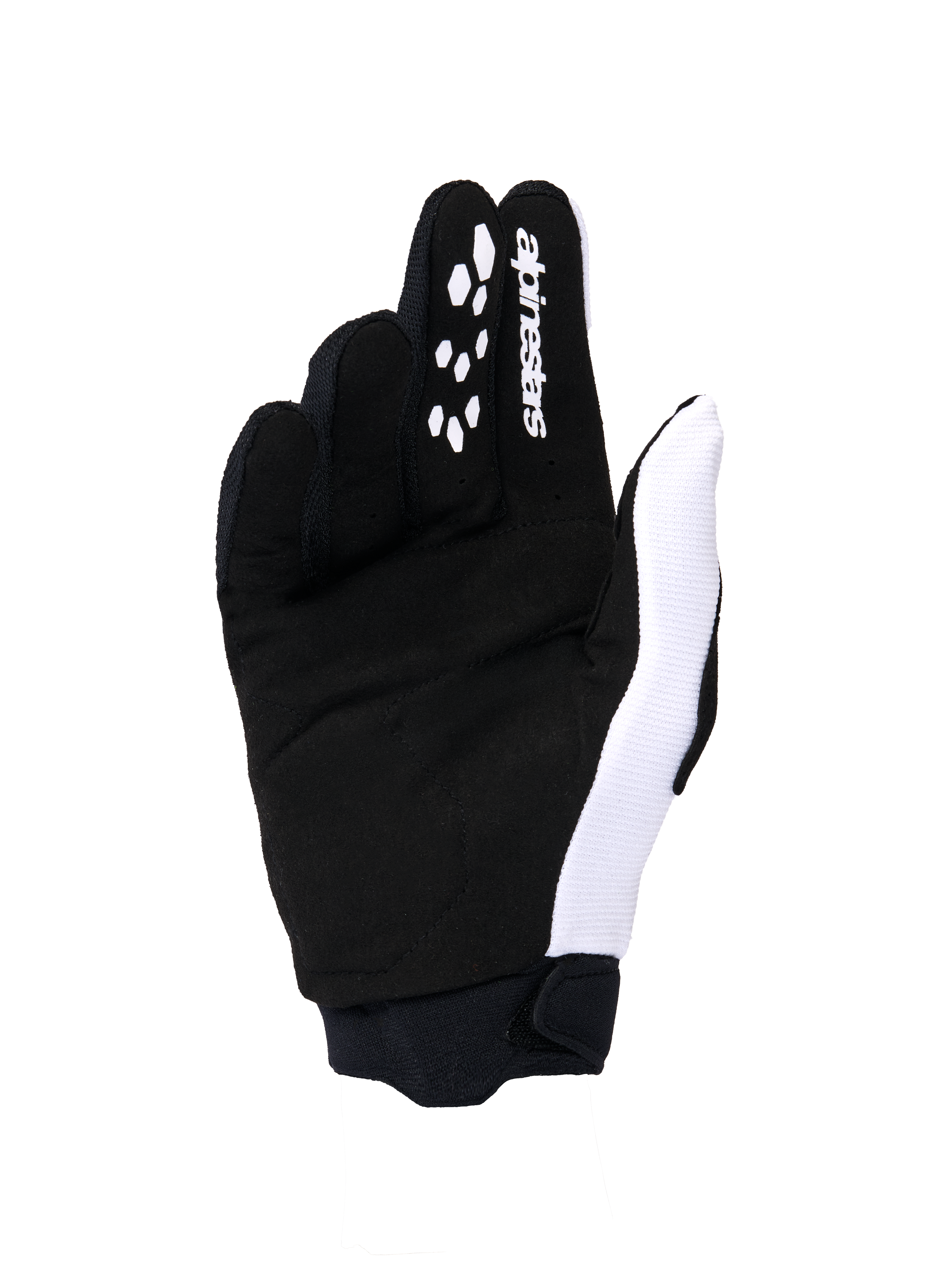 Alpinestars 2026 Stella Full Bore V2 dameshandschoenen, motorcross handschoenen, handpalmaanzicht in zwart en wit, met een constructie van synthetisch suède, siliconen grippatronen op de vingers voor controle over de hendels, wit logo en een stevige neopreen manchet