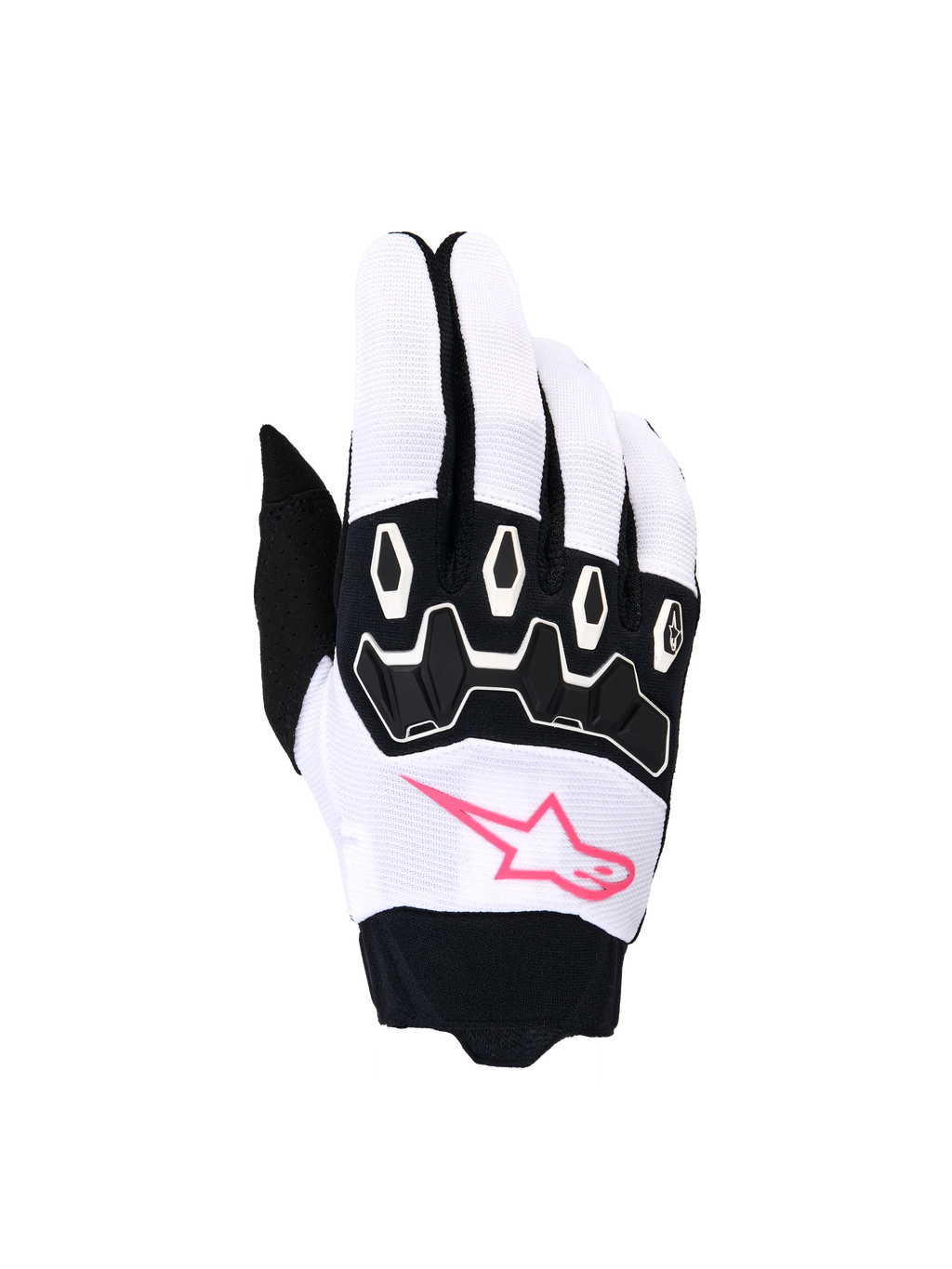 Alpinestars Stella Full Bore V2 handschoenen, dames motorcross handschoenen, wit en zwart met fluo roze, voorzien van een roze sterlogo, zwarte TPR-knokkelbescherming en ademende stretchstof voor off-road rijden