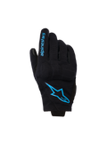 Alpinestars Reef Women's V2 Gloves, short cuff motorcycle gloves, black with bright blue Hawaiian Ocean branding, featuring Alpinestars logo on the backhand and text on the finger, urban riding style.
