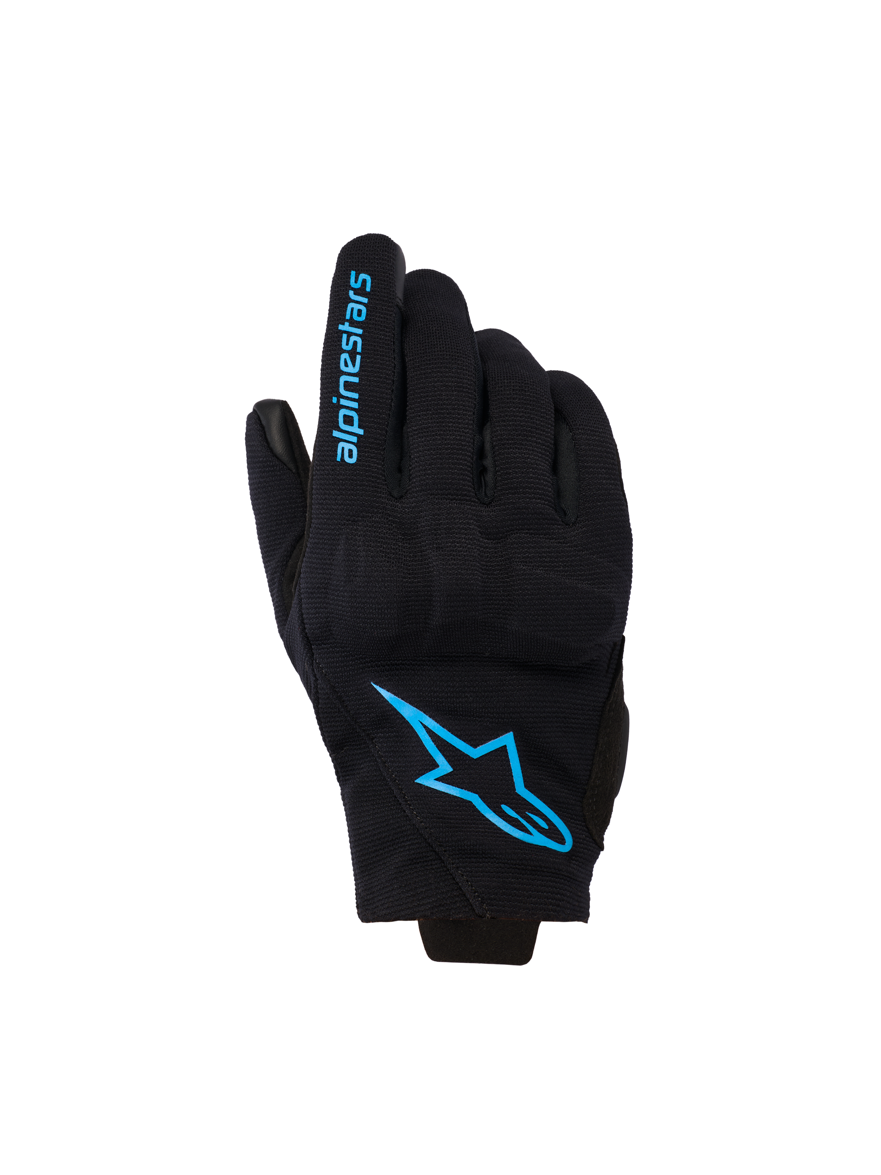 Alpinestars Reef Women's V2 handschoenen, korte motorhandschoenen, zwart met felblauwe Hawaiian Ocean branding, voorzien van Alpinestars-logo op de bovenkant en tekst op de vinger, urban rijstijl.